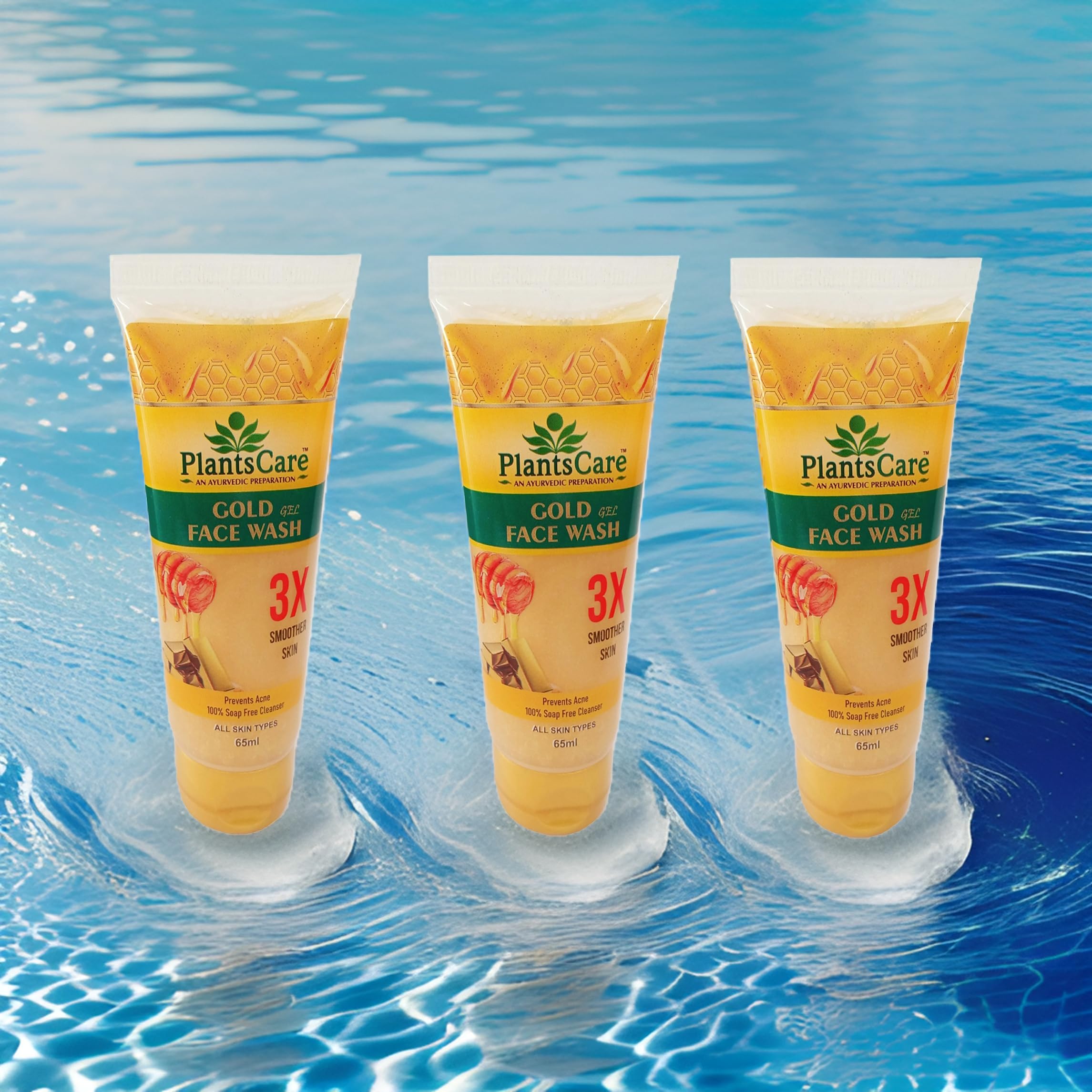 Plants Care Gold Gel Face Wash 65ml - Pack of 3 | Gentle Cleansing for All Skin Types | Perfect for Daily Skincare Routine & Travel