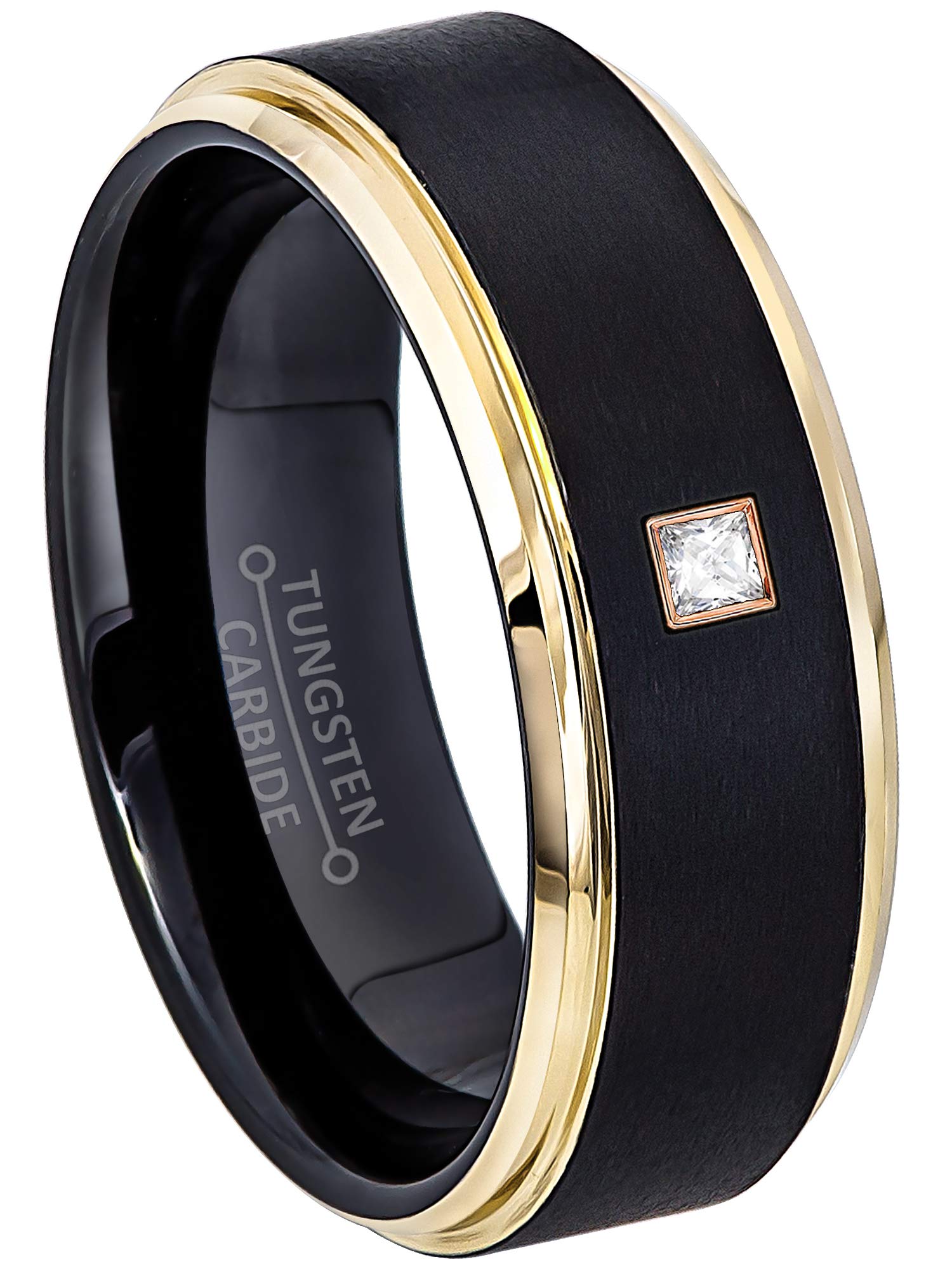 0.05ctw - 0.10ctw Princess Cut Diamond Tungsten Ring for Men - Matte Black & Yellow Gold IP Stepped Edge Wedding Band - April Birthstone Jewelry - Perfect for Anniversary, Engagement and Everyday Wear