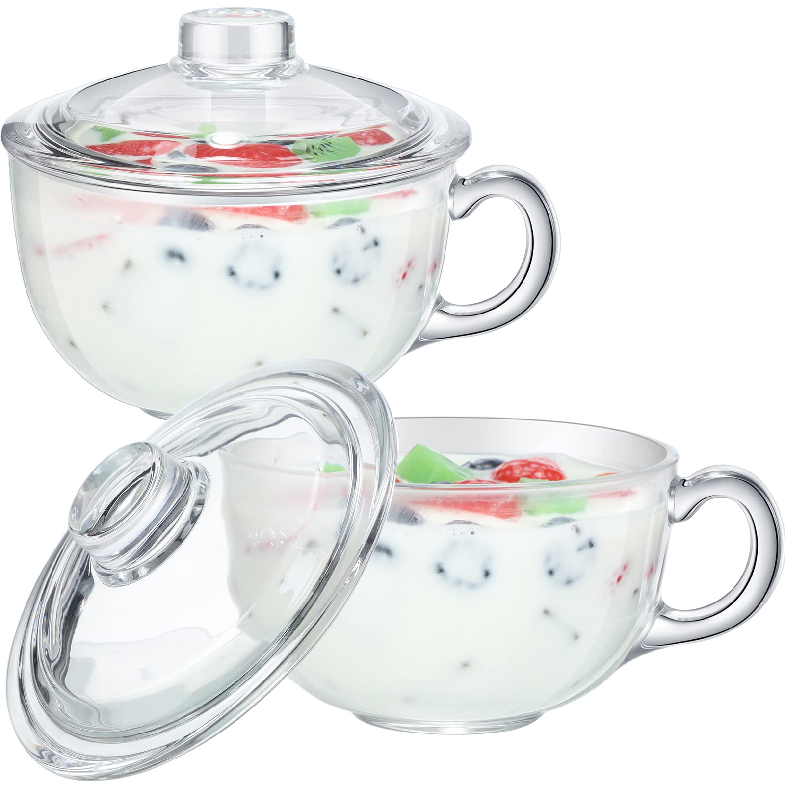 2-Pack Clear Glass Ramen Bowls with Lids & Handles - Microwave Safe Mixing Bowls for Cooking (20oz/600ml) - Perfect for Noodles, Soup, Cereal, Breakfast & Fruit Serving