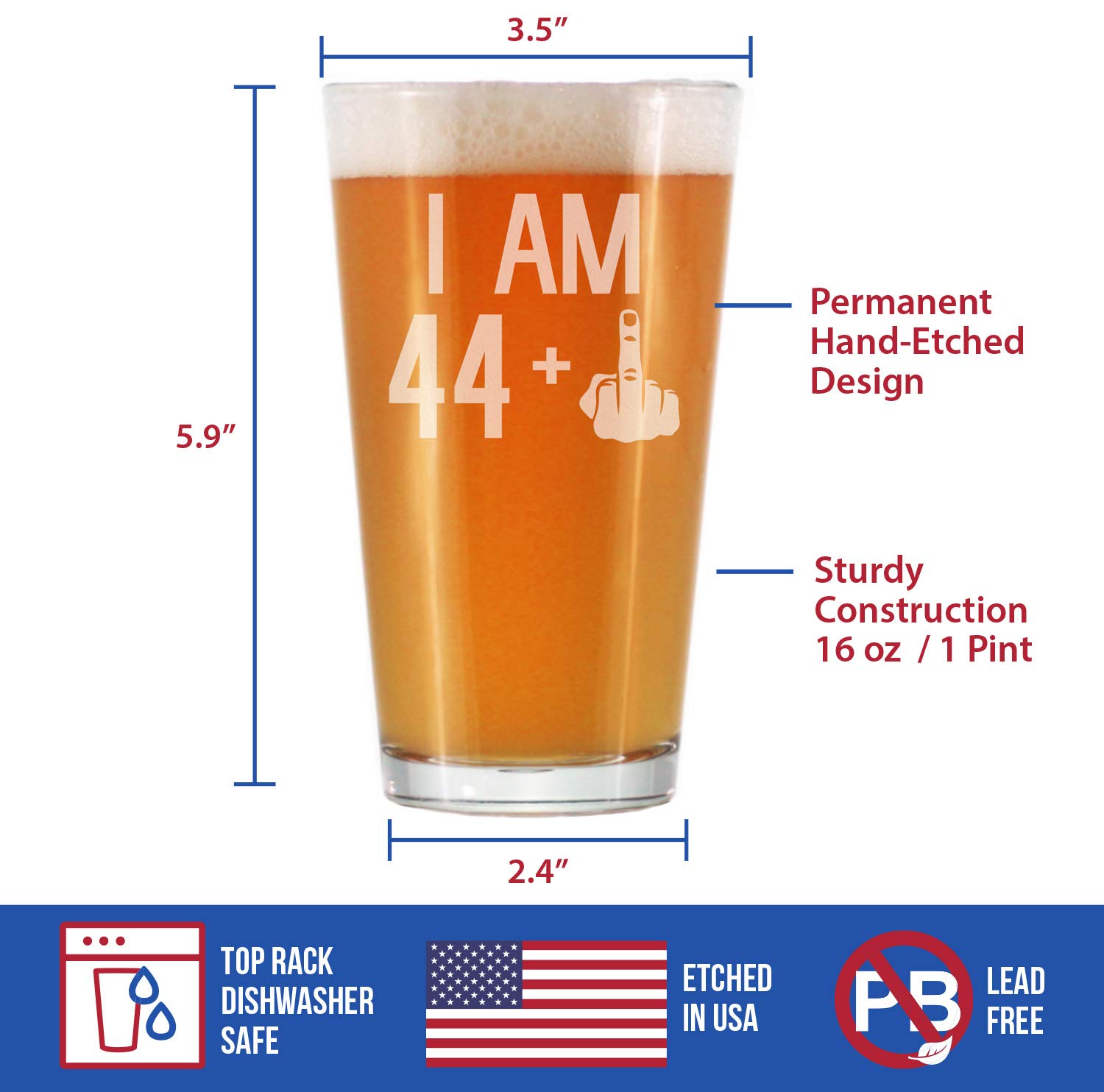 44 + 1 Middle Finger 16 oz Pint Glass - Funny 45th Birthday Gift for Men & Women - Perfect for Beer Lovers & Birthday Parties