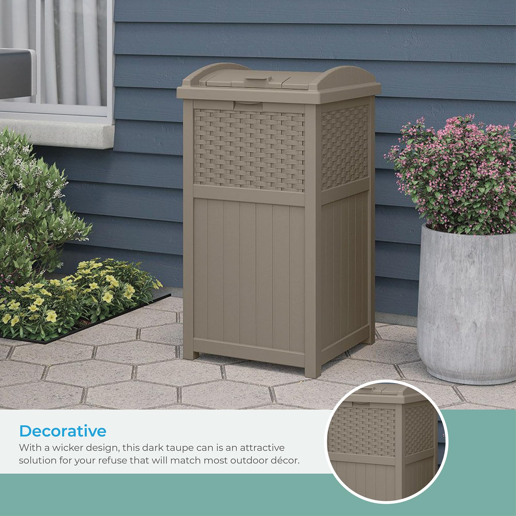 Suncast 33 Gallon Outdoor Trash Can with Lid - Durable Resin Hideaway Garbage Bin for Patio, Backyard & Deck - Weatherproof Dark Taupe Design - Perfect for BBQs, Poolside & Outdoor Entertaining