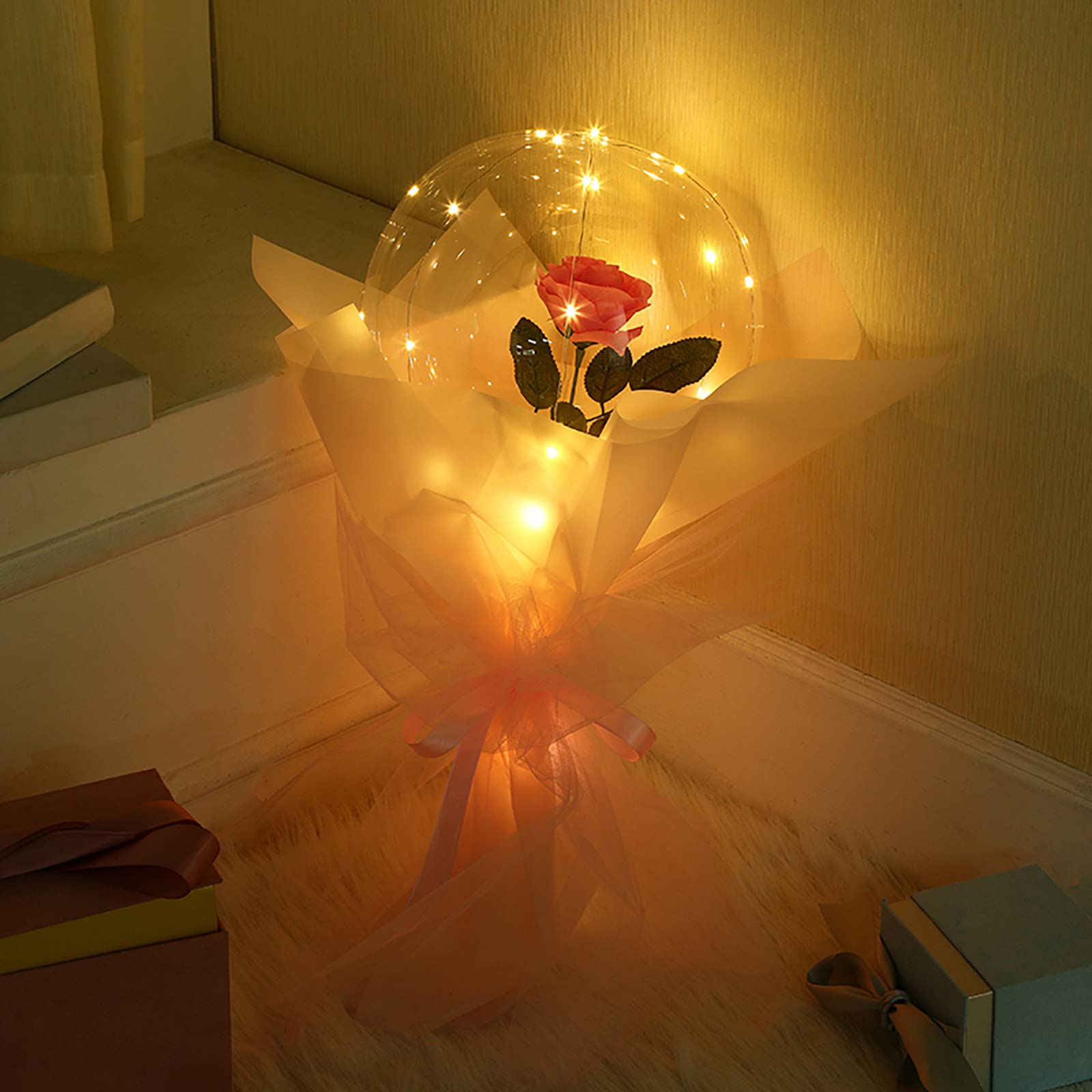 Valentine's Day LED Rose Balloon Bouquet - DIY Transparent Light Up Balloons with Artificial Flowers, Romantic Anniversary Birthday Party Gifts for Her, Women, Girlfriends (Pink) | Perfect for Proposals, Weddings, Date Nights & Surprise Celebrations