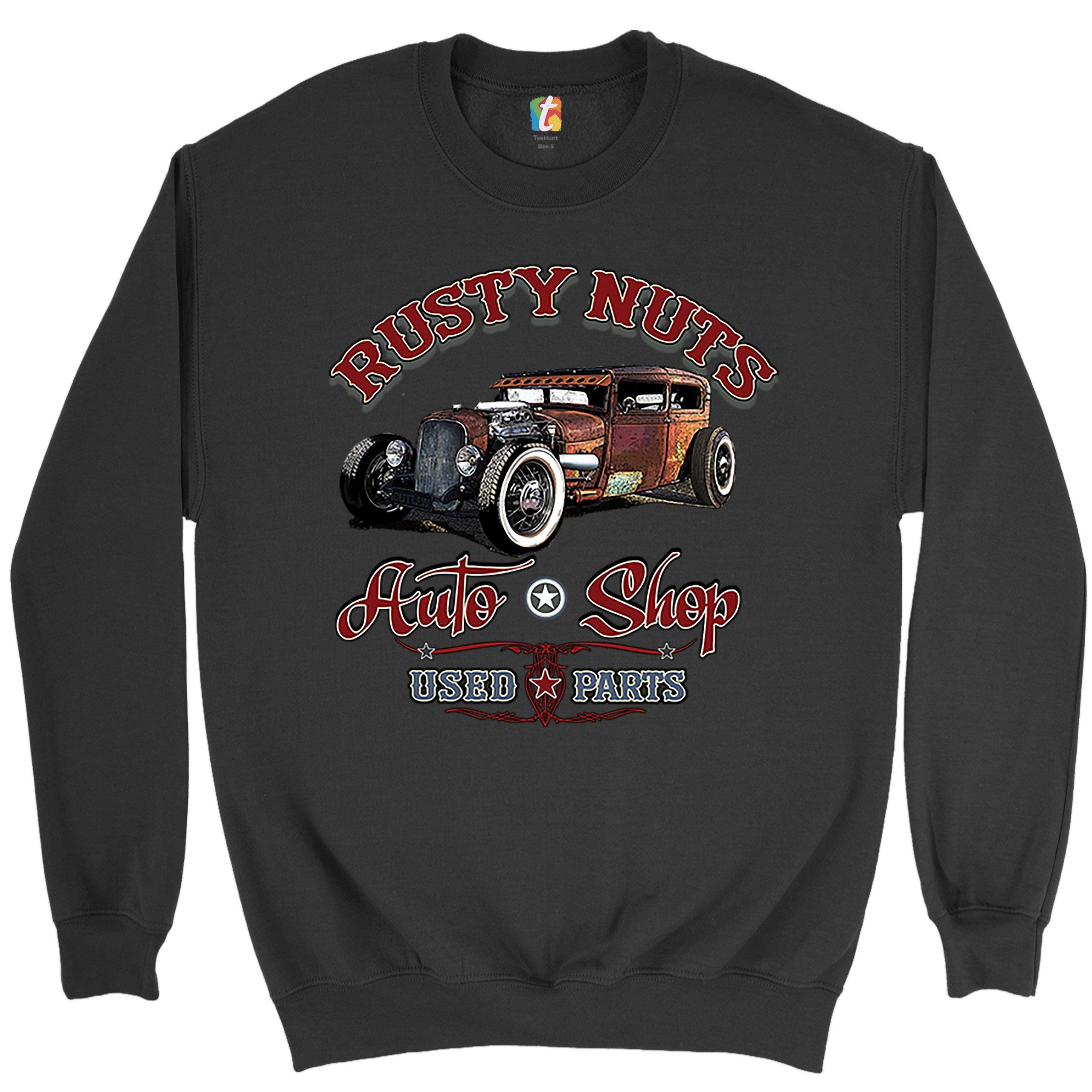 Vintage Rusty Nuts Auto Shop Sweatshirt - Rat Rod Crewneck Pullover for Men & Women | Perfect for Car Enthusiasts, Mechanics & Retro Style Lovers
