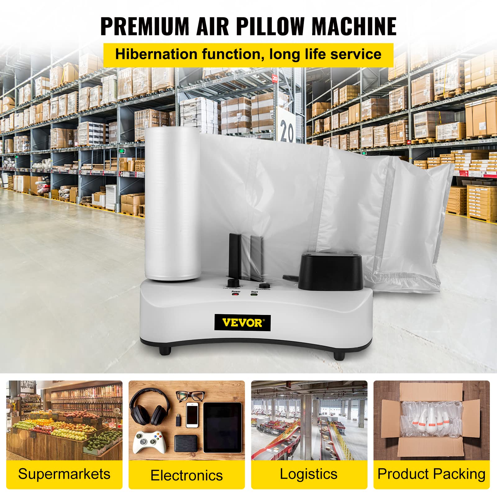 VEVOR Air Cushion Machine for Packaging - 7.2-7.8 ft/min Sealing Speed, 110V Portable Air Pillow Packaging System with 164ft/50m Test Film Roll | Ideal for E-commerce, Fragile Items & Inflatable Protective Wrapping