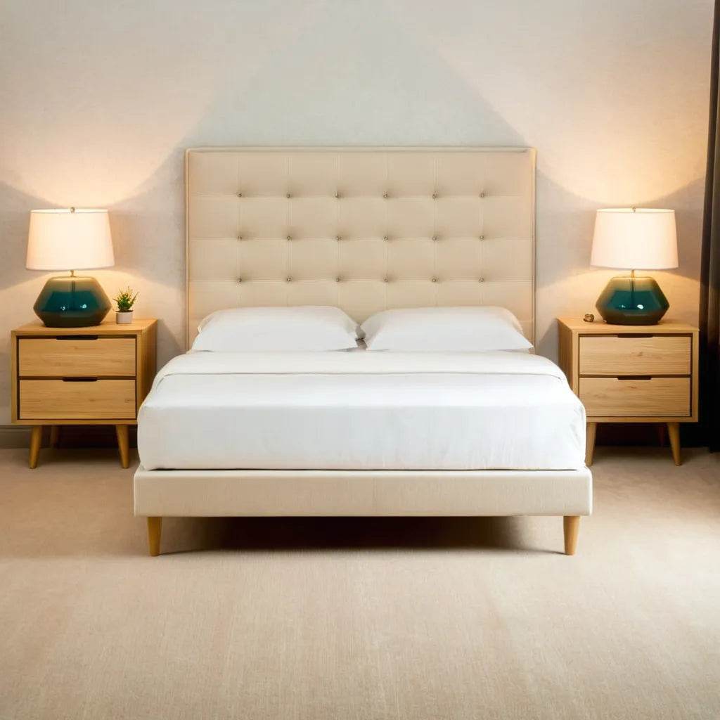 Mancini Belgium Fabric Bed Frame - Water Repellent Queen Size Platform Bed with Wooden Slats | Perfect for Modern Bedrooms, Guest Rooms & Apartments