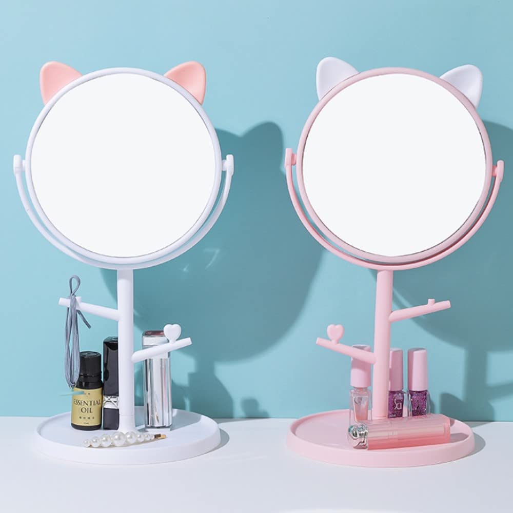 Cute Cat Ear Shaped Rotating Vanity Mirror - Portable Desktop Makeup Mirror with Stand for Women, Mintcream White | Perfect for Home, Bathroom & Travel Cosmetic Organizer