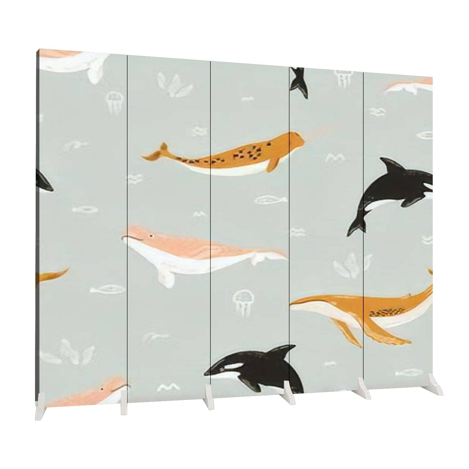5-Panel Whale Themed Room Divider - Orca & Killer Whale Print Folding Privacy Screen for Indoor Spaces | Bedroom Separator, Office Partition, Nursery Divider | Durable Canvas Freestanding Protective Wall