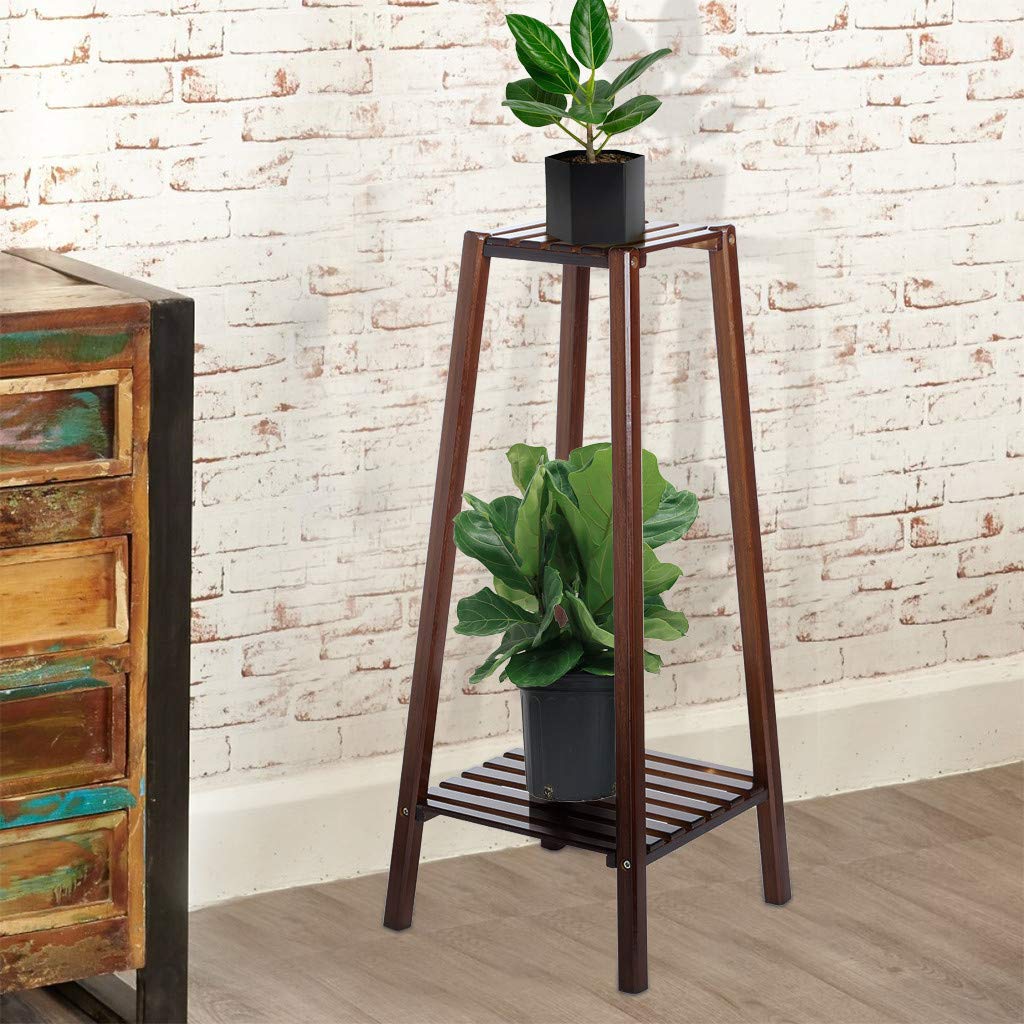 2-Tier Bamboo Plant Stand - 12.6x12.6x29.5 Inch Tall Flower Pot Holder Display Rack for Indoor Plants - Perfect for Home, Office & Small Spaces - US Stock Fast Shipping