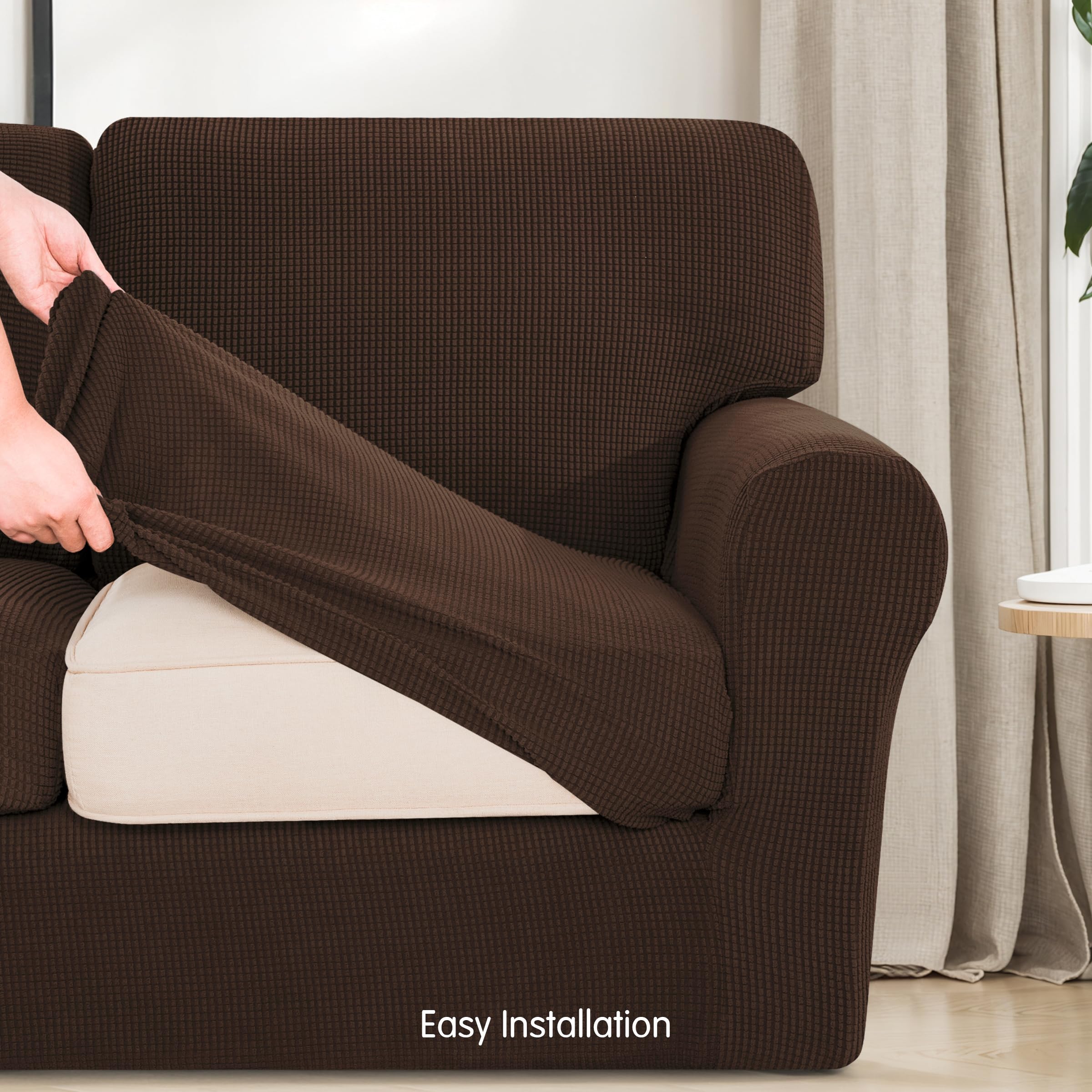 SUBRTEX 7-Piece Stretch Sofa Slipcover Set - Washable Couch Cover for 3-Cushion Sofa with Individual Backrest Covers, Chocolate (Large) - Perfect for Living Room, Family Room & Home Decor Protection