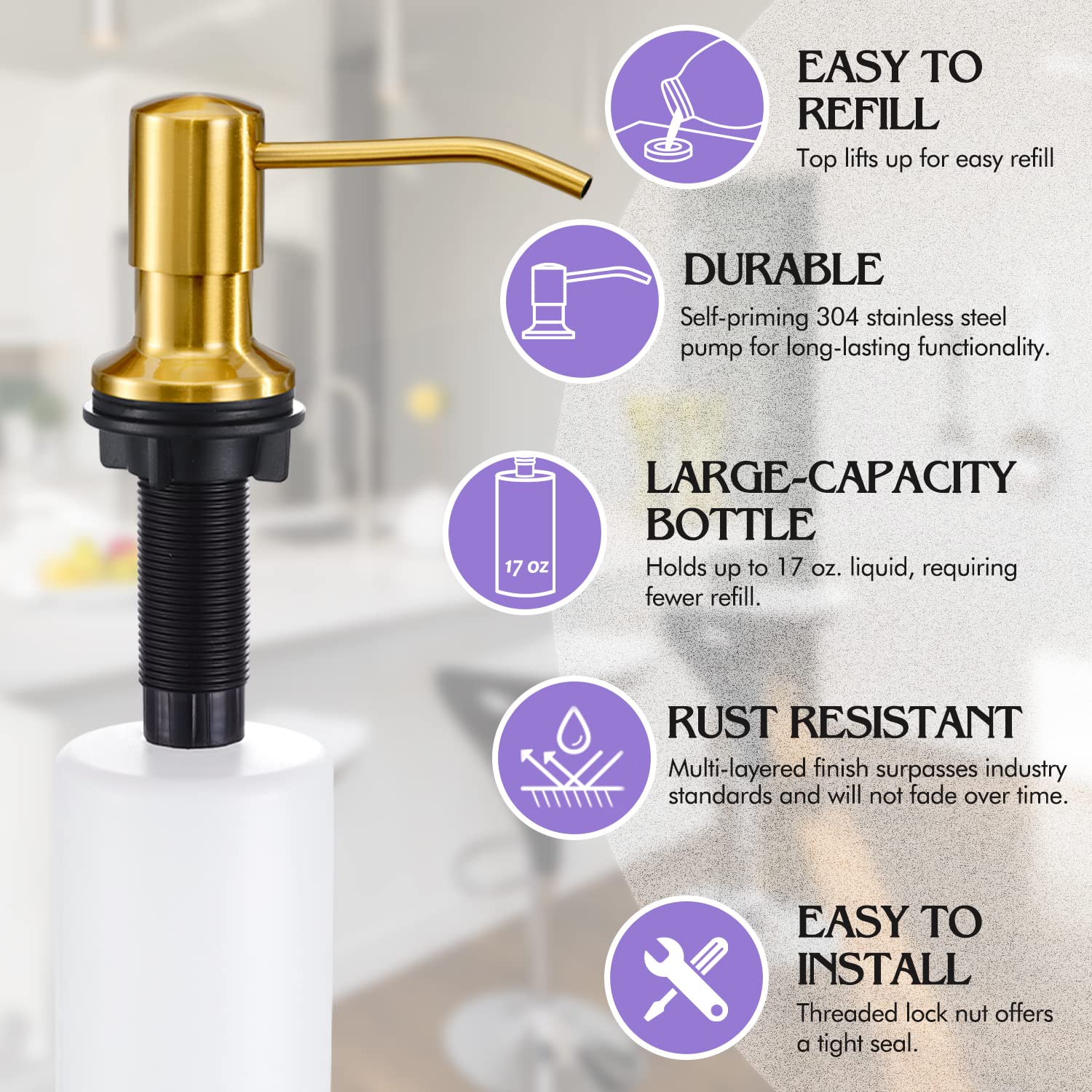 Stainless Steel Kitchen Soap Dispenser with Brushed Gold Finish - Top Refill Countertop Sink Soap Pump for Modern Kitchens and Bathrooms
