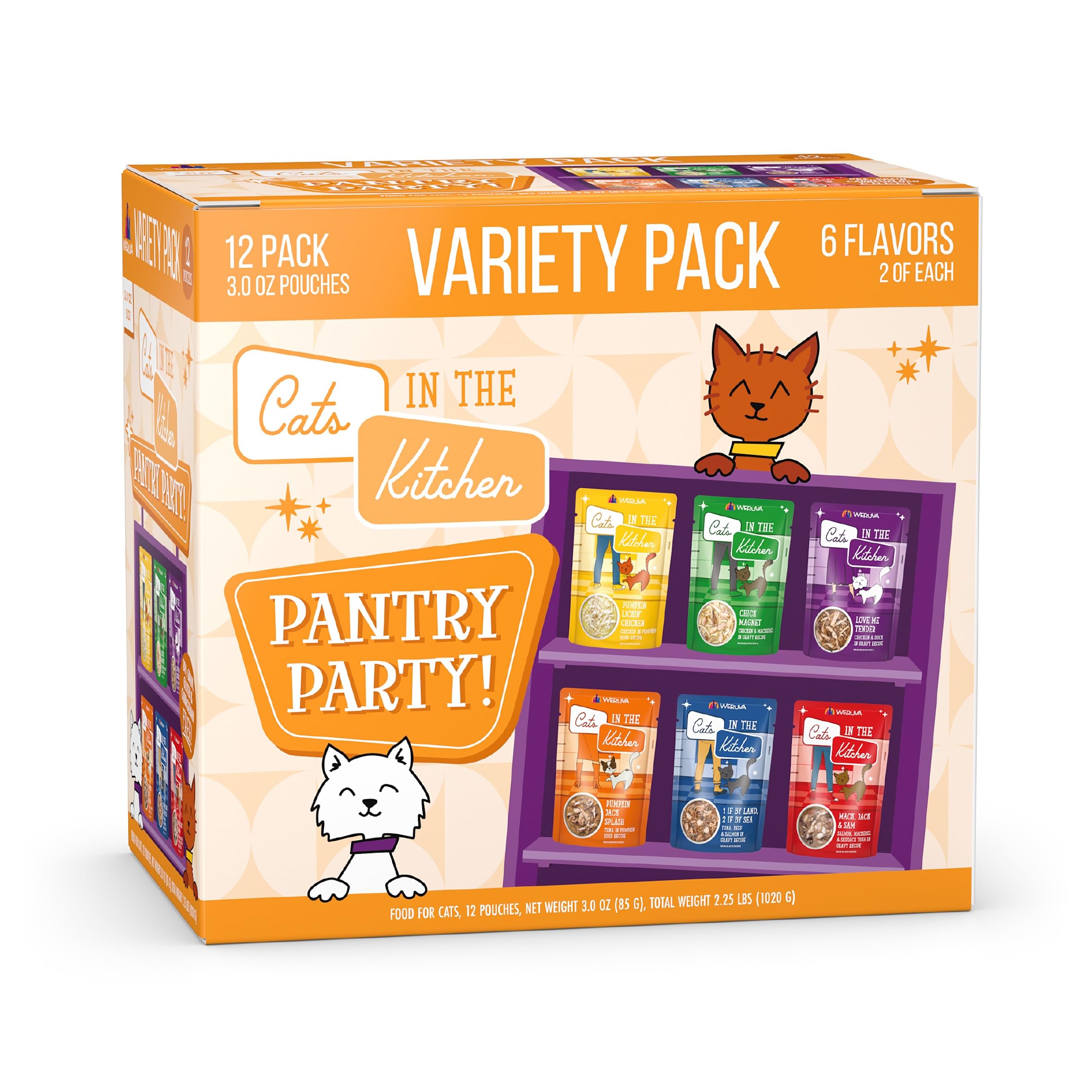 Weruva Cats in the Kitchen Pantry Party Pouch Variety Pack - Grain-Free Wet Cat Food in Gravy, 3oz Pouch (Pack of 12) - High Protein, Natural Ingredients for Adult & Senior Cats - Perfect for Mealtime, Travel & Hydration Boost