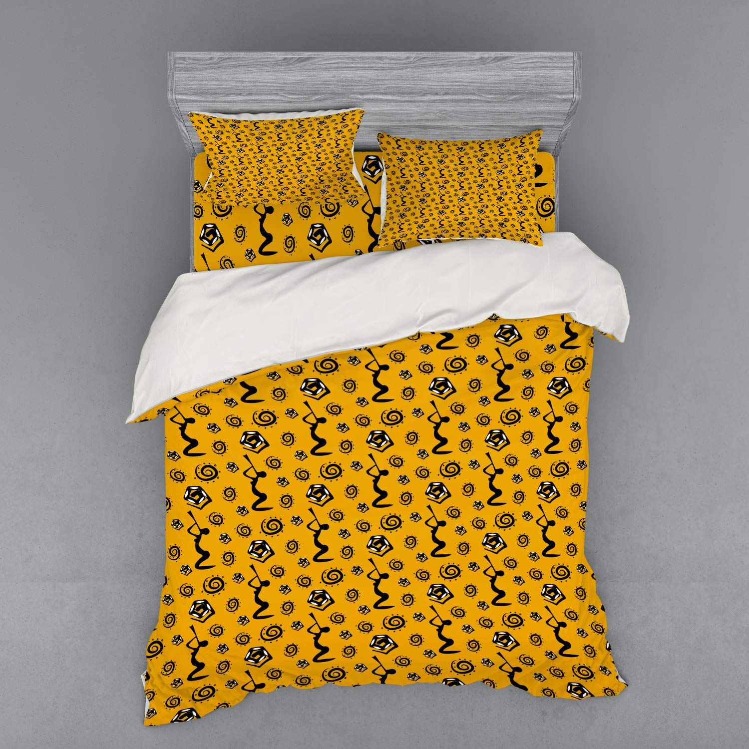 Ambesonne Tribal Queen Size 4-Piece Bedding Set - Yellow & Black Duvet Cover with Sham & Fitted Sheet, Featuring Woman Playing Instrument & Snake Pattern | Bohemian Bedroom Decor for Guest Rooms & Dorm
