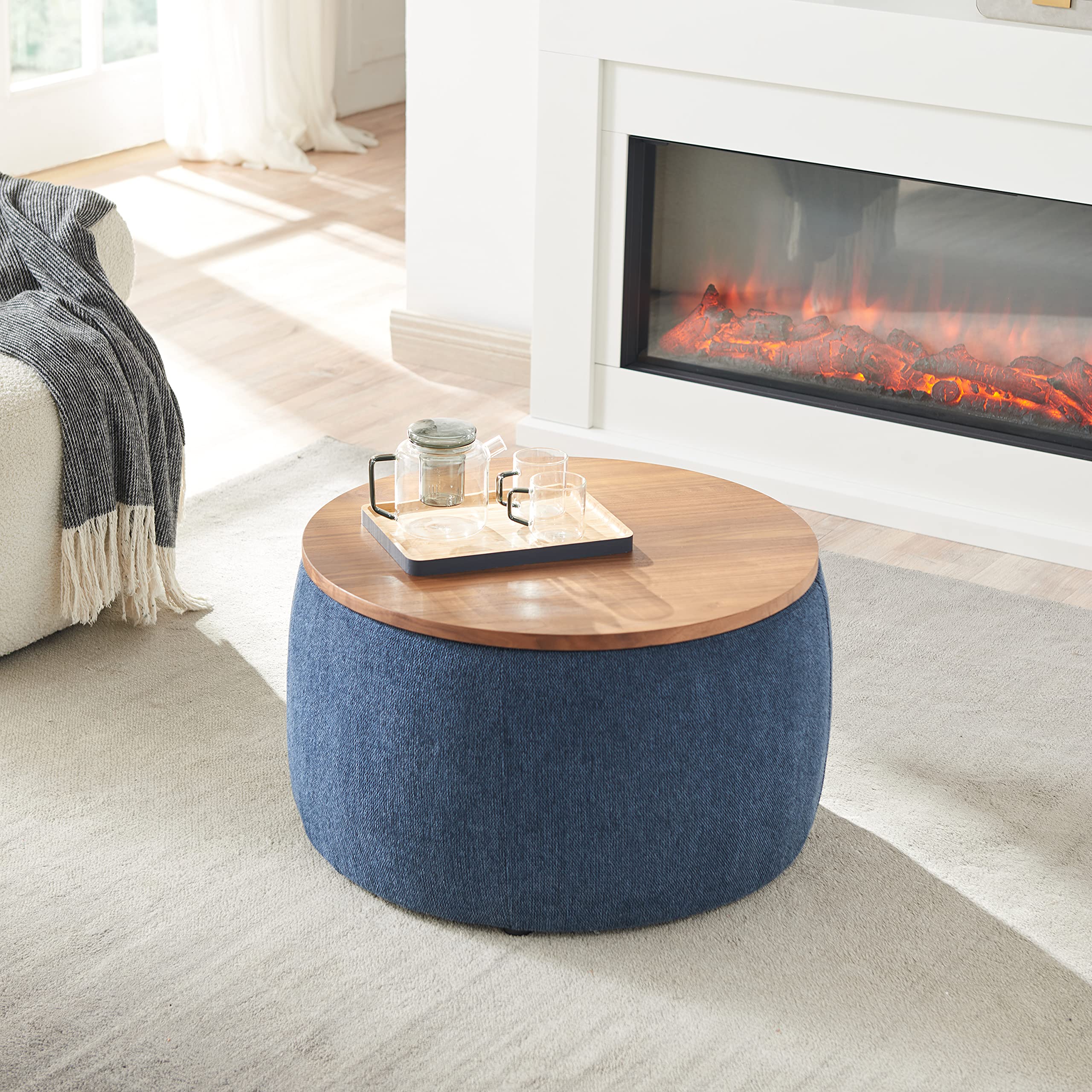 Round Storage Ottoman Coffee Table with Lift Top - Navy Blue Footstool, Side Table & End Table for Living Room, Bedroom & Dorm - Perfect for Extra Seating & Hidden Storage