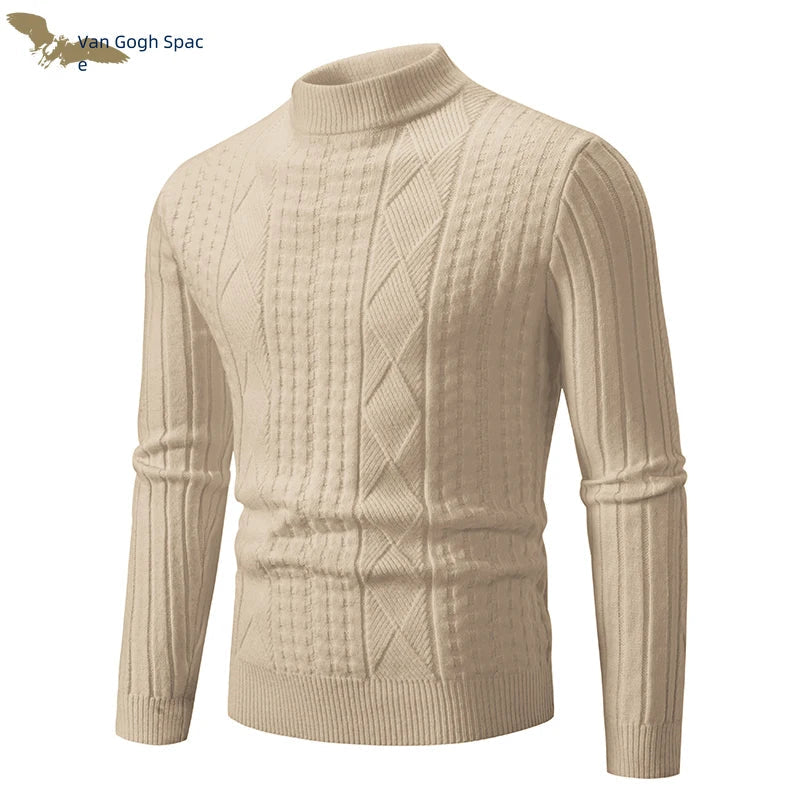 Men's Thick Striped Knit Pullover Sweater - Warm Solid Color Winter Clothing for Casual & Office Wear