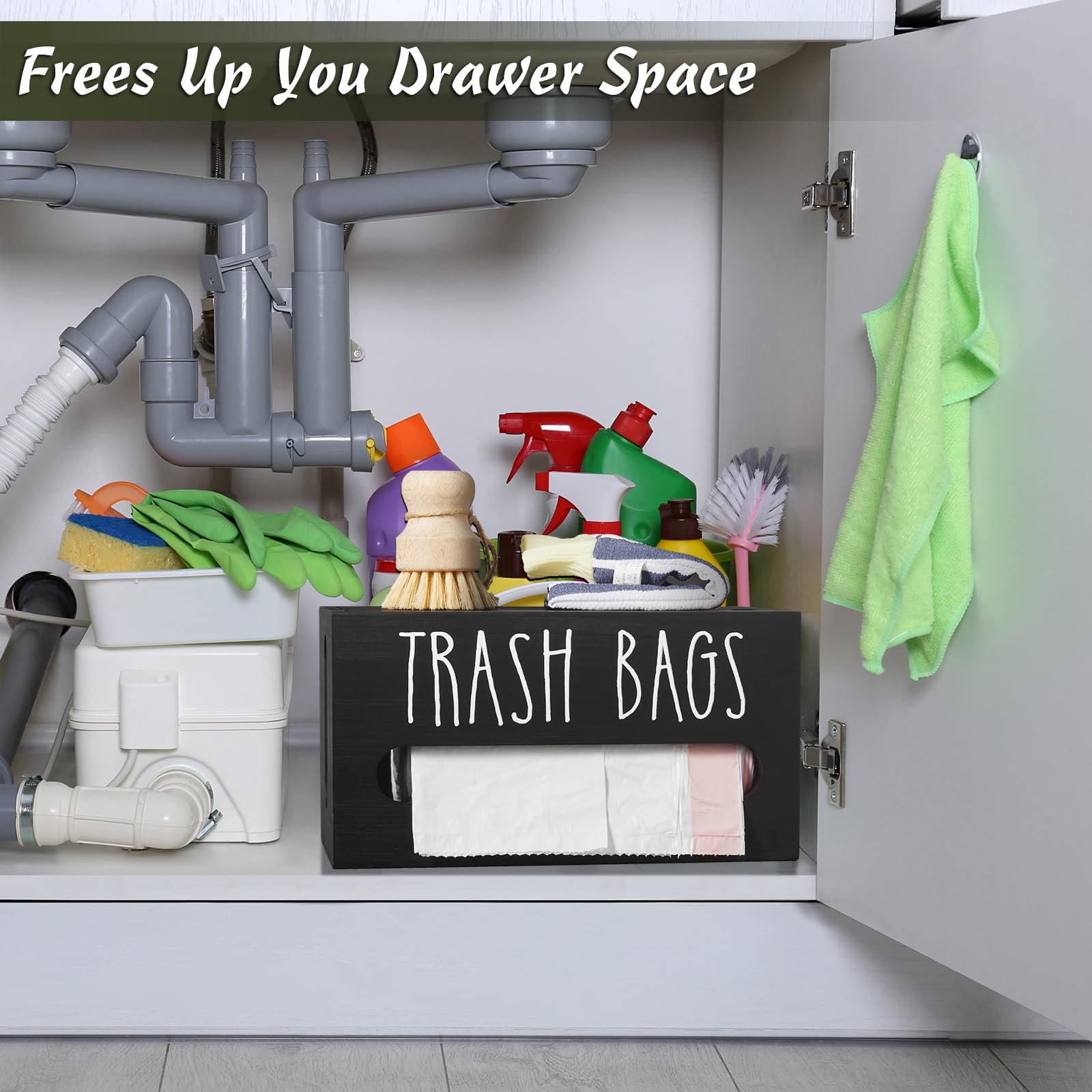 DRASTAR Wall Mount Trash Bag Dispenser - Wooden Garbage Bag Holder & Organizer for Plastic Bags - Kitchen Sink Storage Solution - Perfect for Home, Office, RV and Camping Use