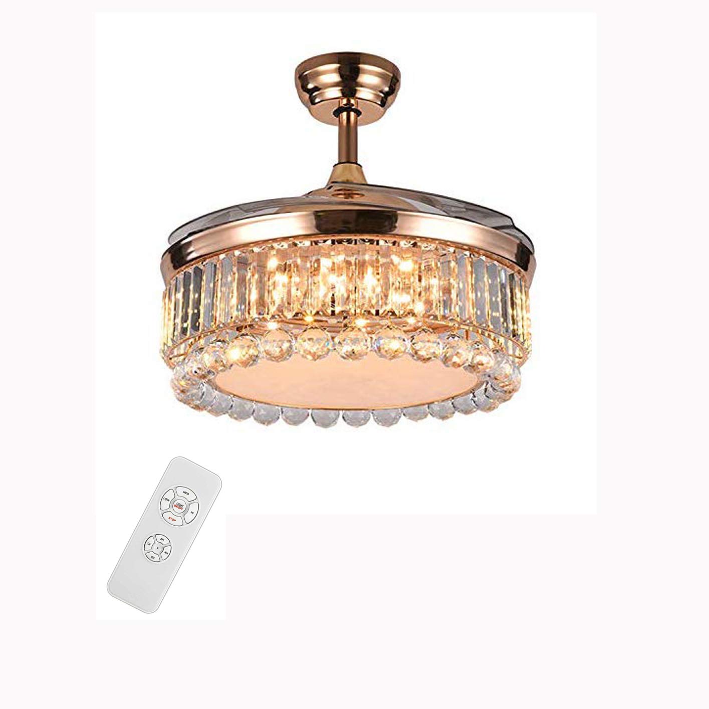 42 Inch Crystal Ceiling Fan with LED Lights & Remote Control - Retractable Blades, 3 Color Temperatures, 3 Speed Settings - Modern Chandelier Fan for Living Room, Bedroom, Kitchen & Restaurant | Energy Efficient Cooling & Stylish Lighting Solution
