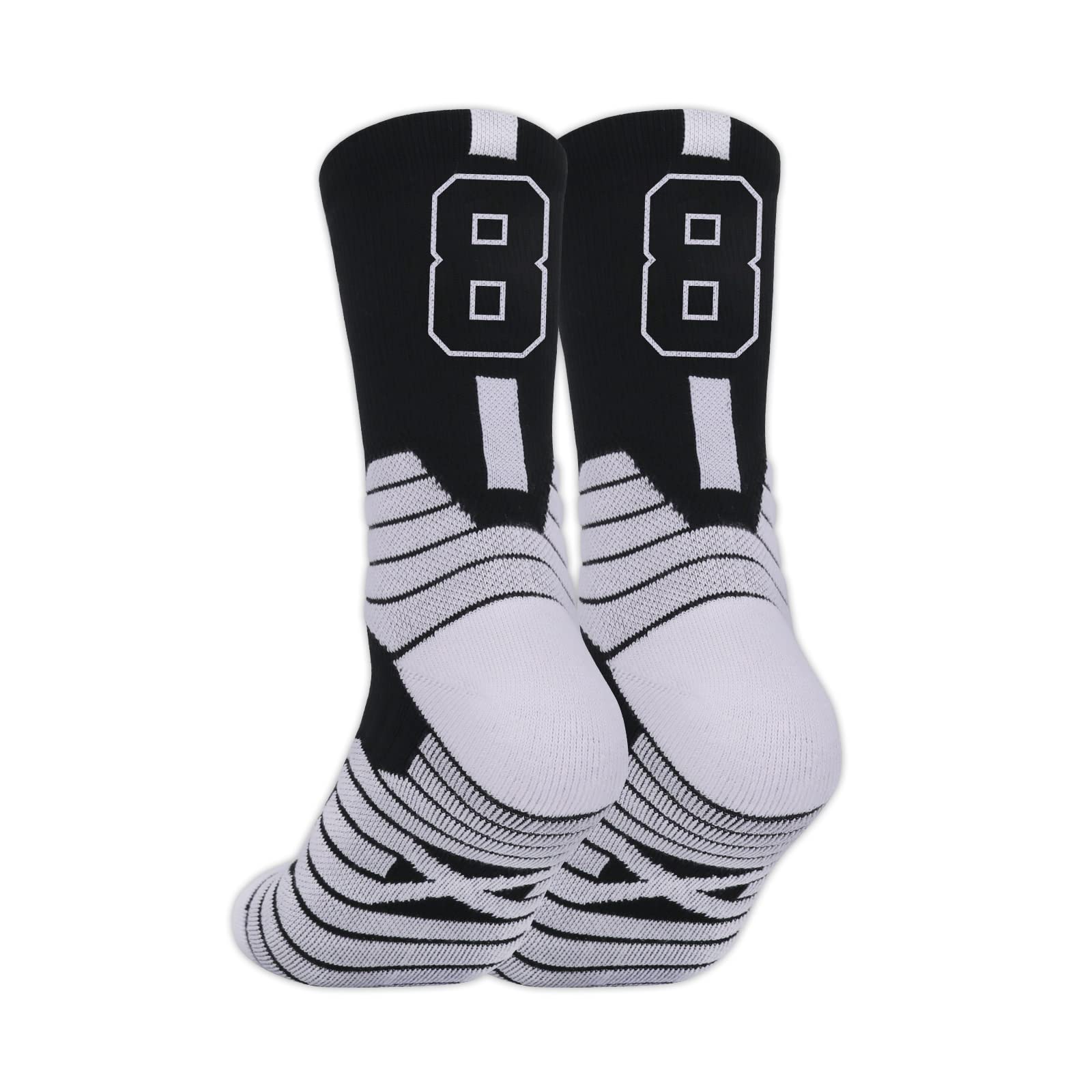 Custom Team Number Crew Socks - Athletic Sports Socks with Player Numbers for Men & Women (Black/White, All Team Numbers) | Perfect for Basketball, Football, Soccer Games & Fan Gifts