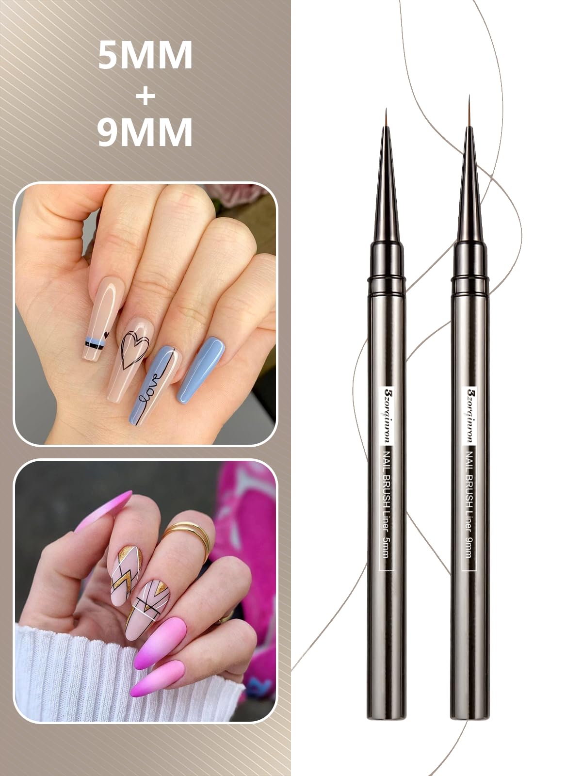 Fine Line Nail Art Brushes Set - 5/9/15/20/25mm Thin Detail Liner Brushes for Gel Polish & Acrylic Nails - Professional Nail Drawing Brush Kit for Salon, DIY Manicure & Nail Art Designs