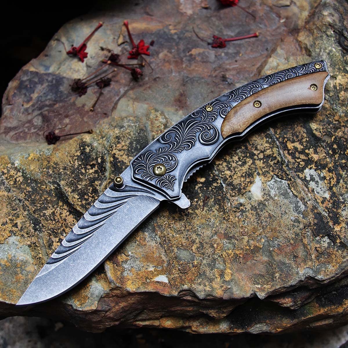 Premium Stainless Steel Foldable Pocket Knife - Stonewash Finish, Compact & Durable for Outdoor Adventures, Hunting, Camping, Survival & Everyday Carry (EDC) - Perfect Gift for Men & Outdoor Enthusiasts