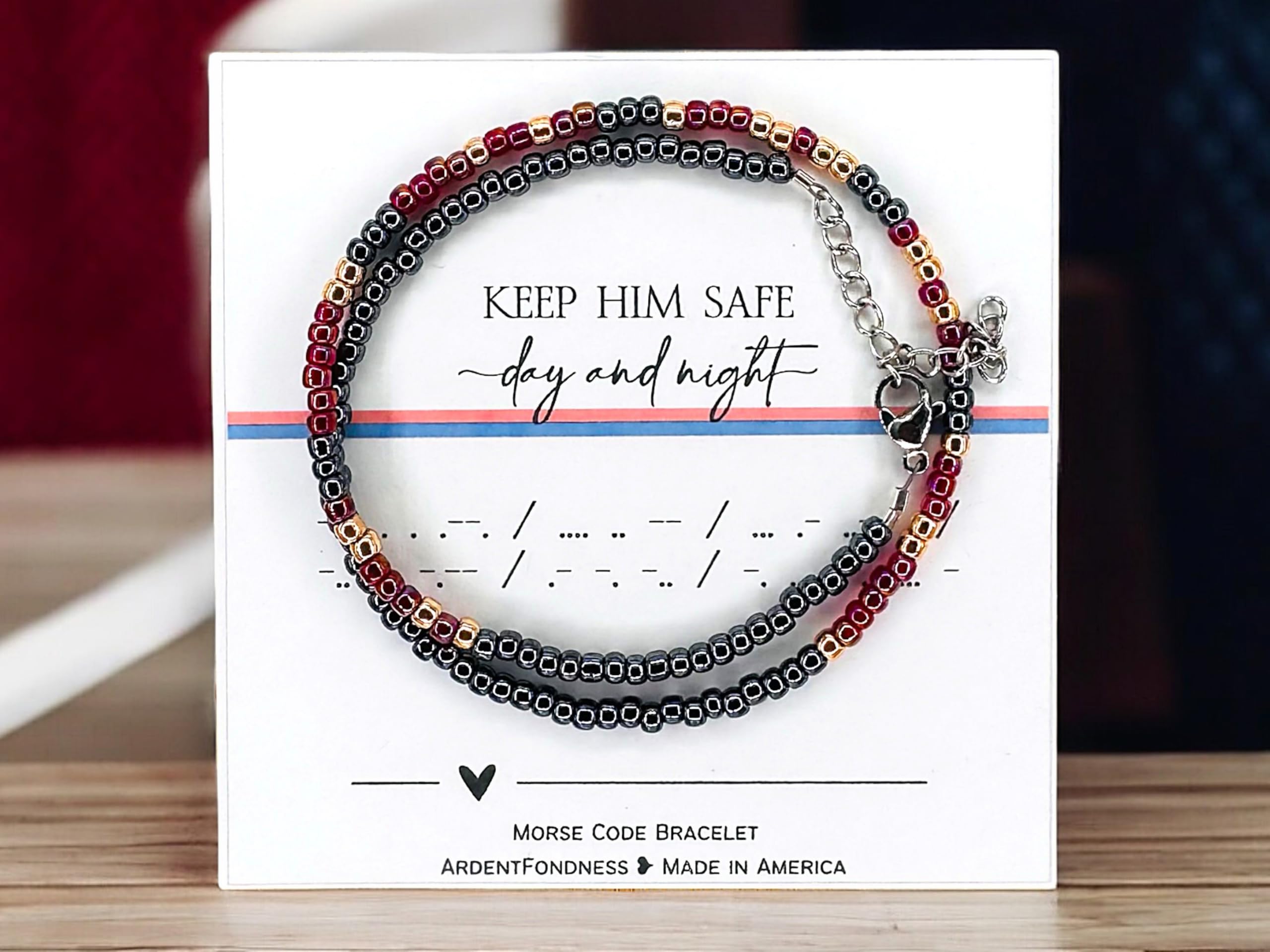 Morse Code Beaded Wrap Bracelet for Military Mom - Deployment Gift for Wife, Girlfriend, Sister, Best Friend - Prayer Stay Safe Navy Gold & White Bracelet - Perfect for Deployment, Homecoming, Military Appreciation Events