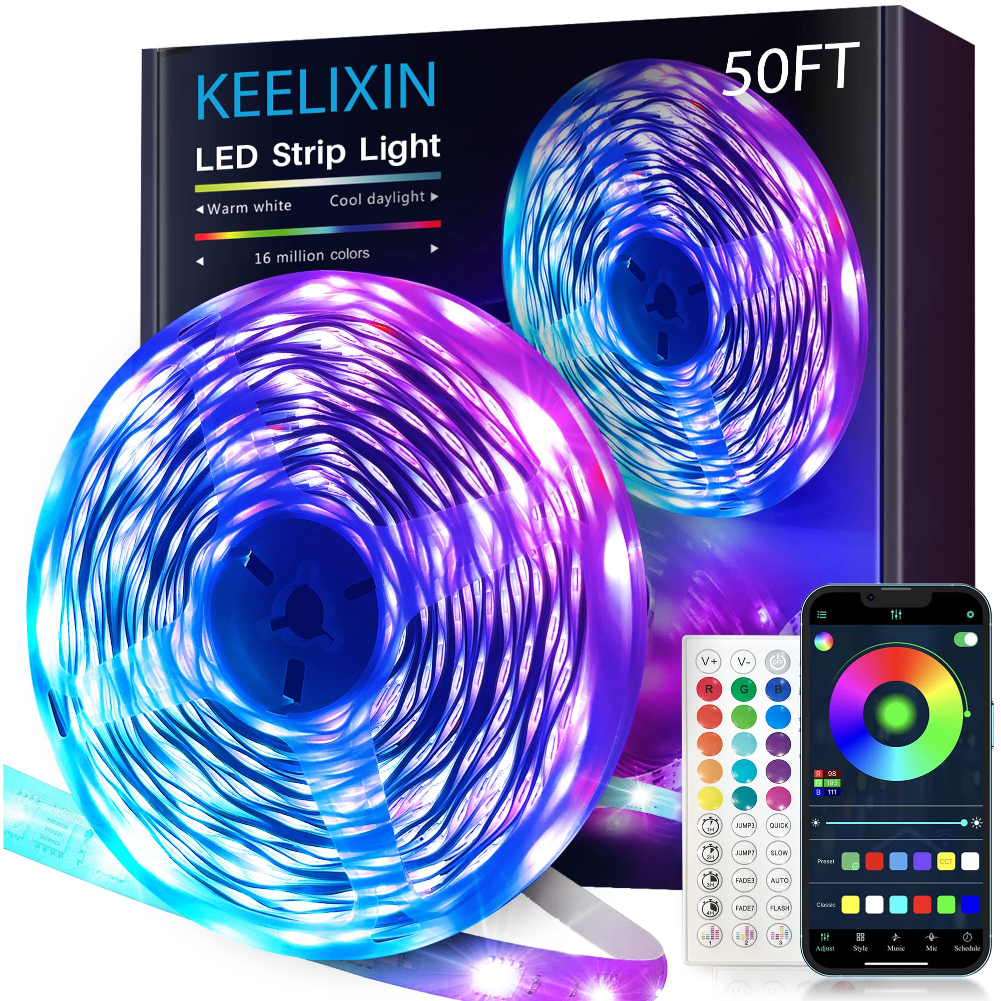 KEELIXIN 50ft Smart LED Strip Lights - RGB Color Changing Lights with Music Sync, IR Remote & Bluetooth App Control - Perfect for Bedroom, Gaming Room & Home Decor Lighting