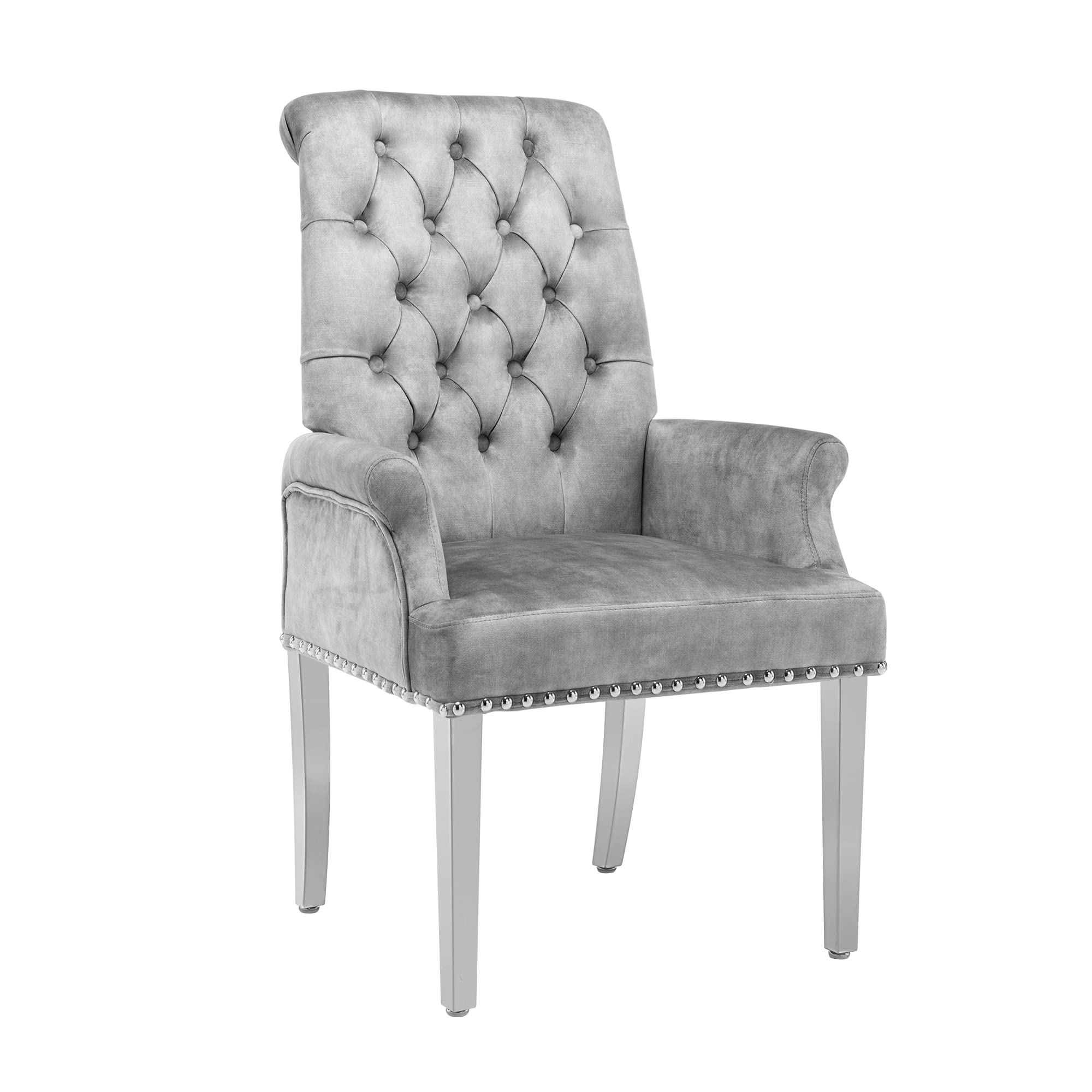 Luxury Velvet Dining Chairs Set of 2 - Modern Upholstered Tufted Armrest Chairs with Stainless Steel Legs - Elegant Grey Accent Chairs for Kitchen, Dining Room, Living Room & Bedroom - Perfect for Home Decor, Dinner Parties & Cozy Reading Nooks