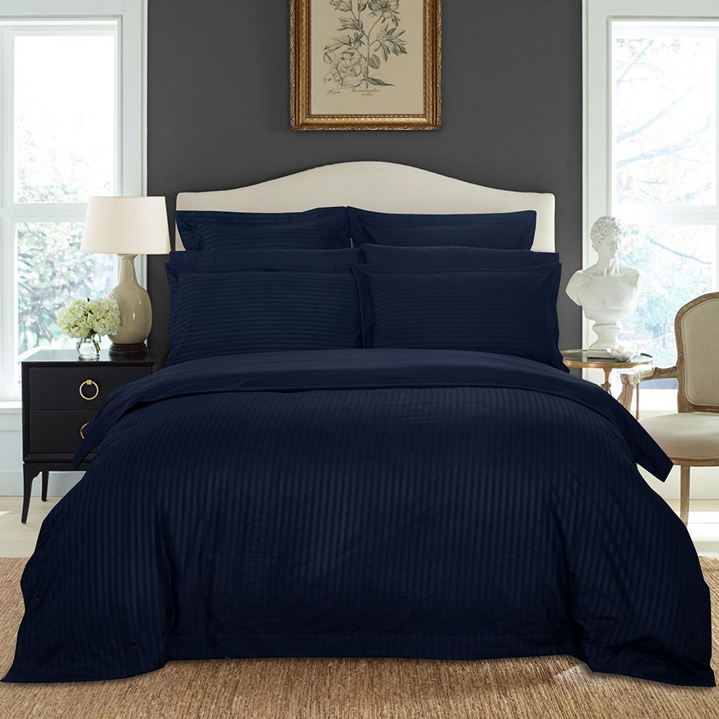 1000TC Ultra Soft Striped King Size Midnight Blue Duvet Cover Set - Luxury Bedding for Master Bedroom & Guest Room