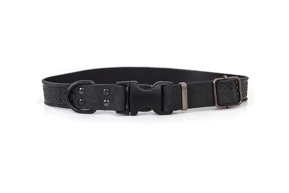 Black Celtic Sport Quick Release Leather Dog Collar - Adjustable & Durable for Training, Walking & Outdoor Adventures