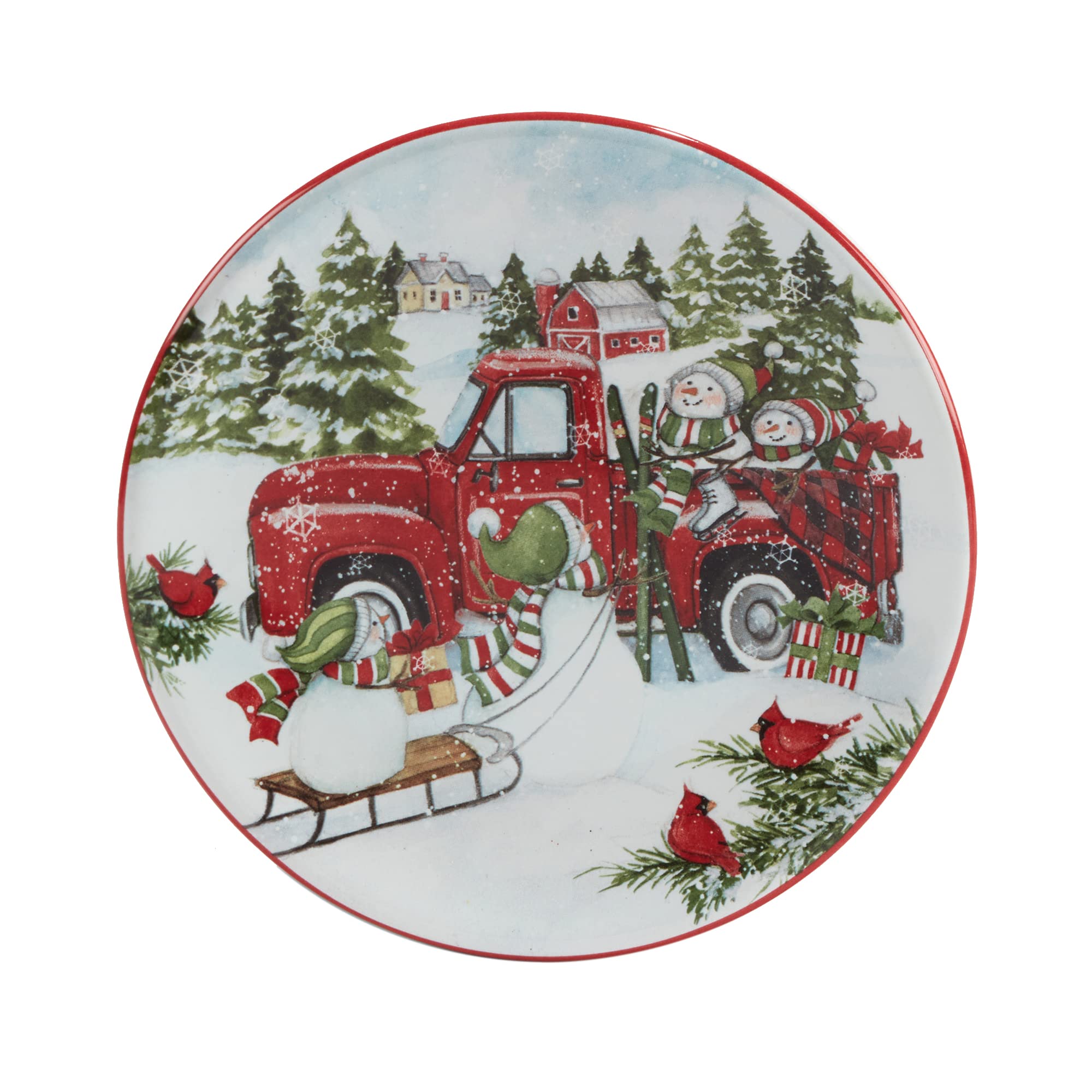 Certified International Red Truck Snowman 6-Inch Canape Plates - Set of 4 Small Multicolor Holiday Dessert Plates for Christmas Party, Luncheon, and Festive Gatherings