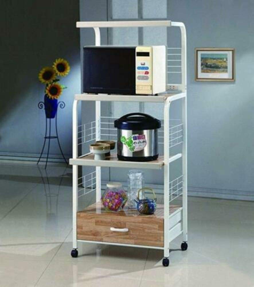 White Bakers Rack with Microwave Cart & Electric Outlet - Rolling Kitchen Storage Shelf for Small Spaces, Apartments & Dorm Rooms - Perfect for Coffee Bars, Pantry Organization & Extra Counter Space