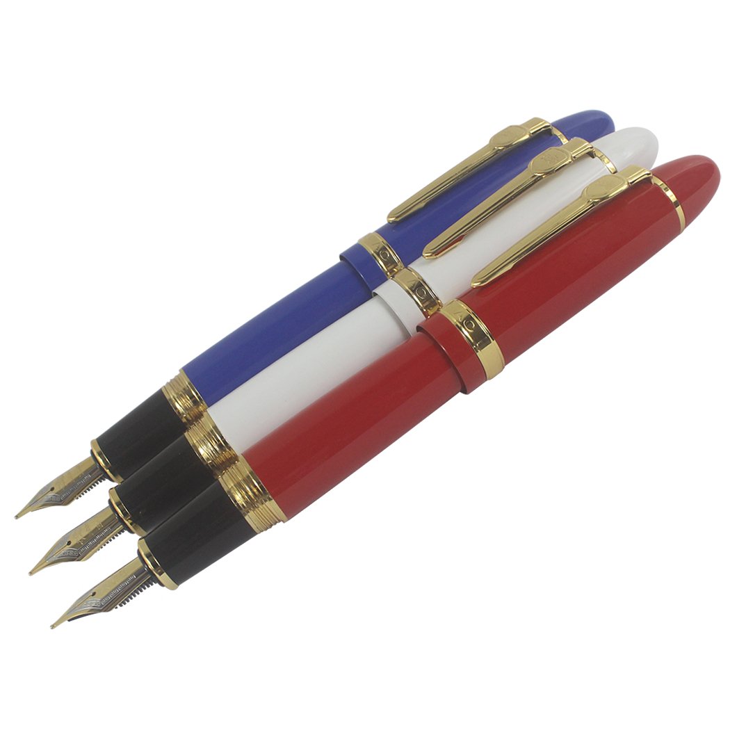 Jinhao 159 Fountain Pen Set - 3 Premium Heavyweight Pens with Gold Trim in Red, White & Blue - Ideal for Calligraphy, Writing & Gift Giving