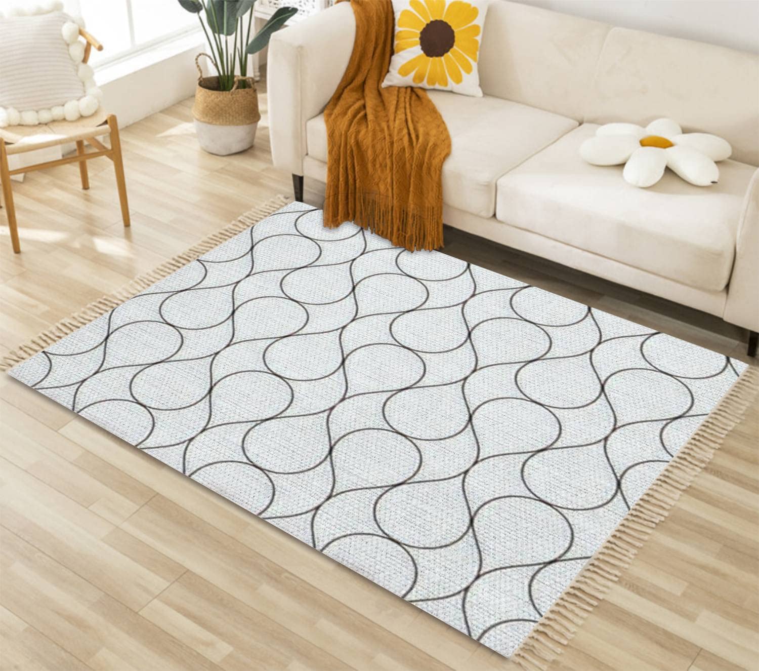 Washable Cotton Linen Area Rug 4'x6' - Modern Geometric Tiles Design with Tassel Trim, Non-Slip Woven Carpet for Entryway, Laundry, Bedroom & Kitchen | Stylish Home Decor & Floor Protection