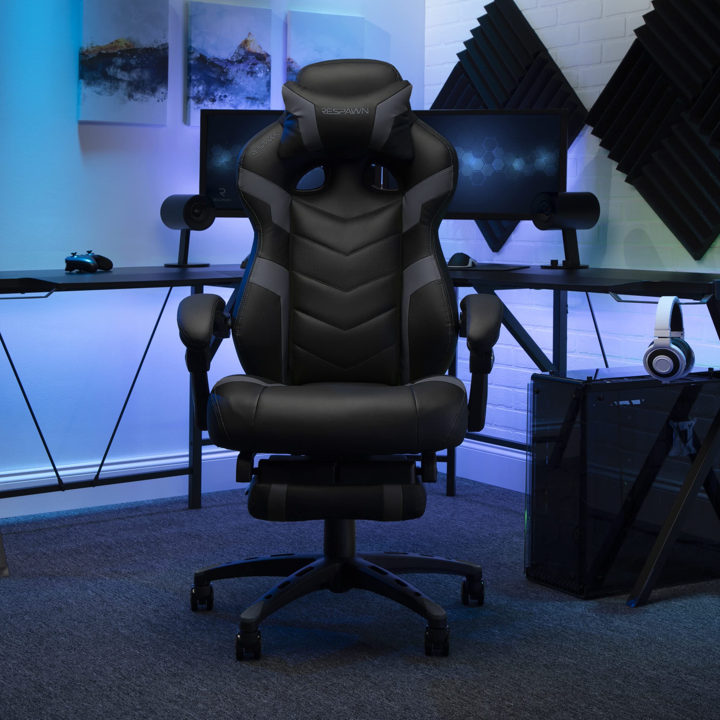RESPAWN 110 Pro Ergonomic Gaming Chair with Adjustable Footrest & Headrest - Reclining Computer Desk Chair for Adults - Grey | Perfect for PC Gaming, Home Office & Streaming Setup