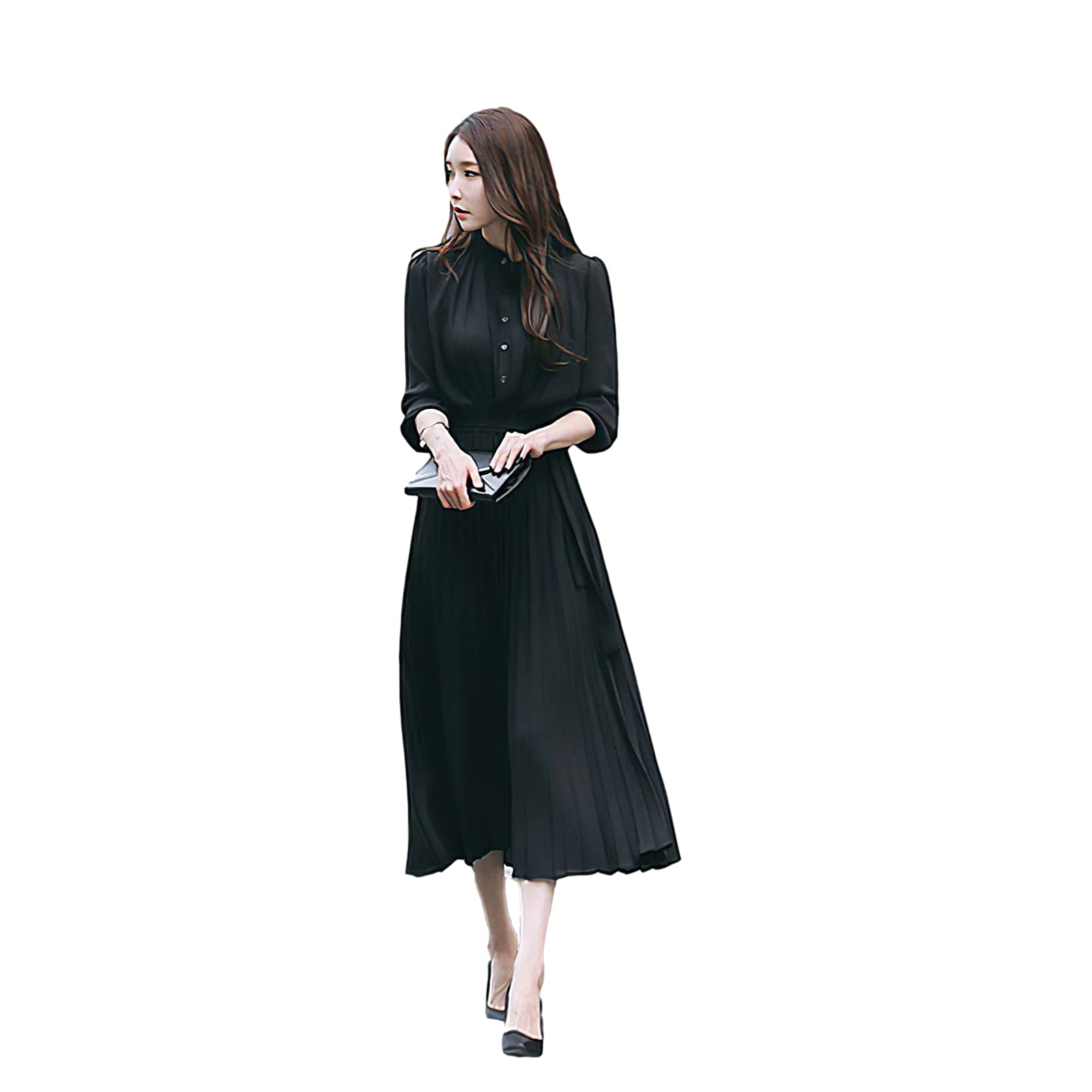 Women's Pleated Long Sleeve Loose Maxi Dress with Tie Waist - Casual Flowy Dress for Spring Summer, Beach, Vacation & Everyday Wear