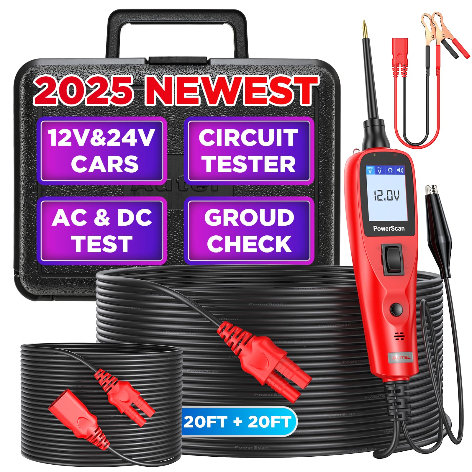 Autel PowerScan PS100 Automotive Circuit Tester 2025 - 12-24V Digital Multimeter with Relay & Diode Testing, 20FT Extra Cord for Electrical Short/Open Circuit Detection - Perfect for Car Repair, DIY Auto Diagnostics & Professional Mechanic Use