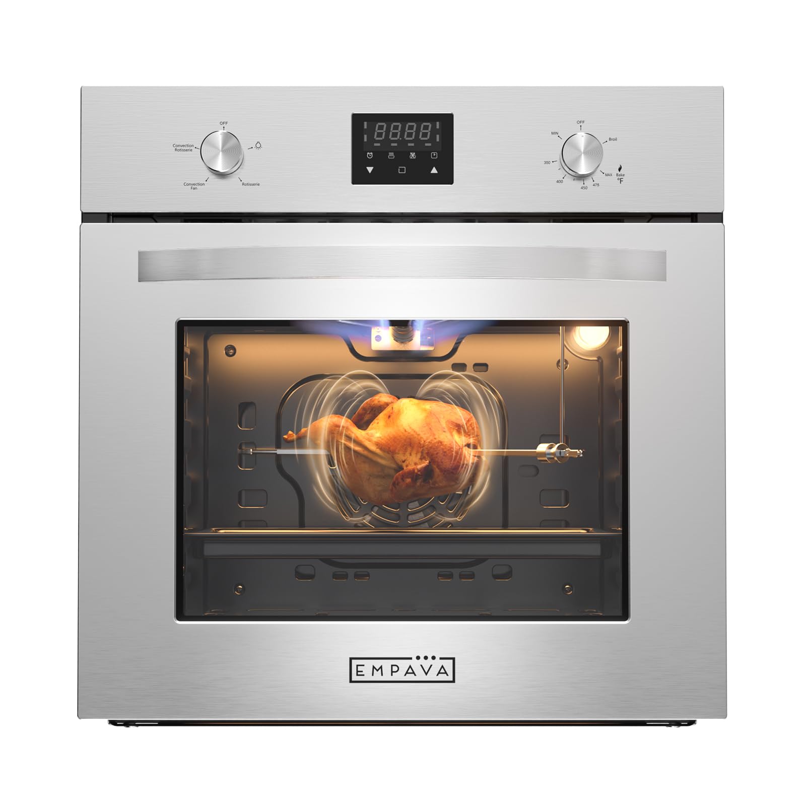Empava 24 Inch Stainless Steel Single Gas Wall Oven with Convection Fan - Digital Timer, Bake, Broil & Rotisserie Functions for Home Kitchen Cooking and Baking
