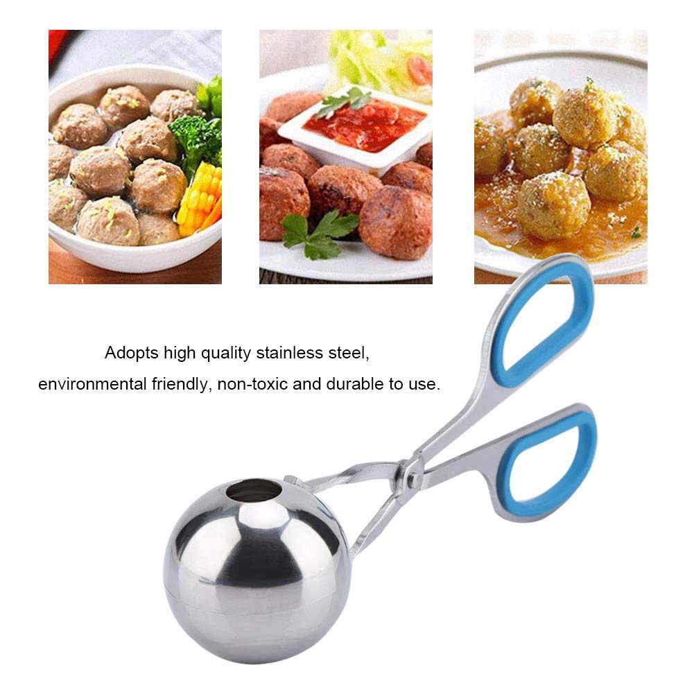 Non-Stick Stainless Steel Meatball Scoop & Ice Tongs - Rice Ball Maker, Cookie Scoop with Anti-Slip Rubber Handle (Blue) - Perfect for Cooking, Baking, and Ice Serving