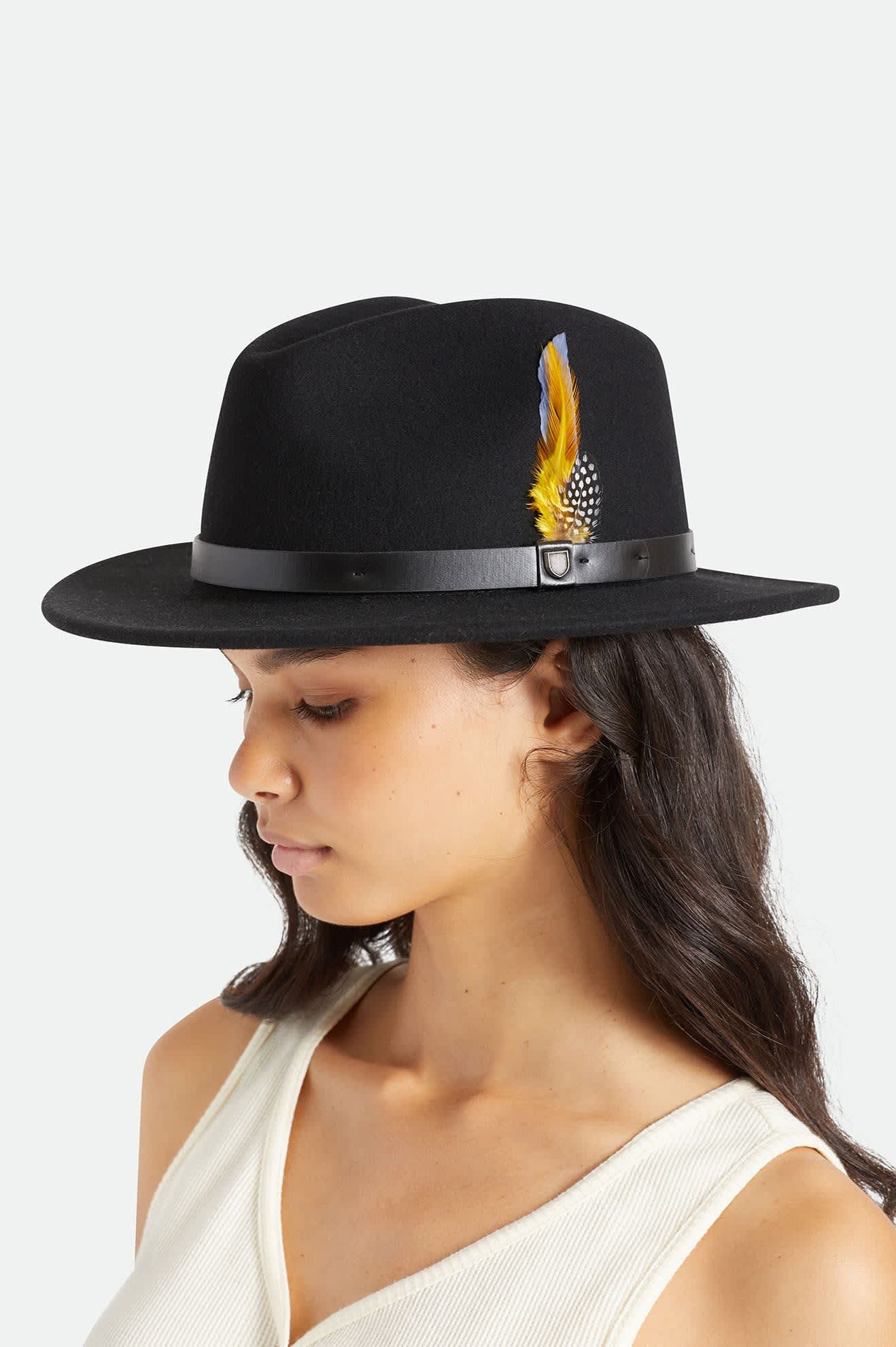 Brixton Joe Blue/Black/Yellow Feather Hat - Stylish Fedora for Men & Women - Perfect for Outdoor Activities, Music Festivals & Casual Wear