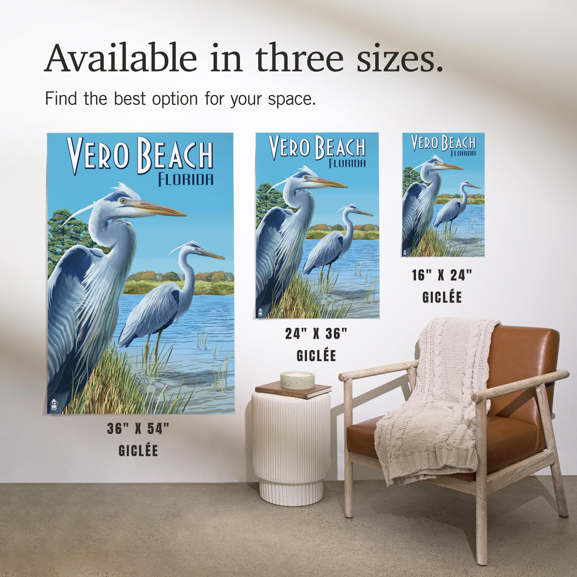Lantern Press 16x24 Inch Giclee Art Print - Vero Beach Florida Blue Heron Wall Decor - Coastal Home Decor & Office Artwork for Beach House Living Rooms