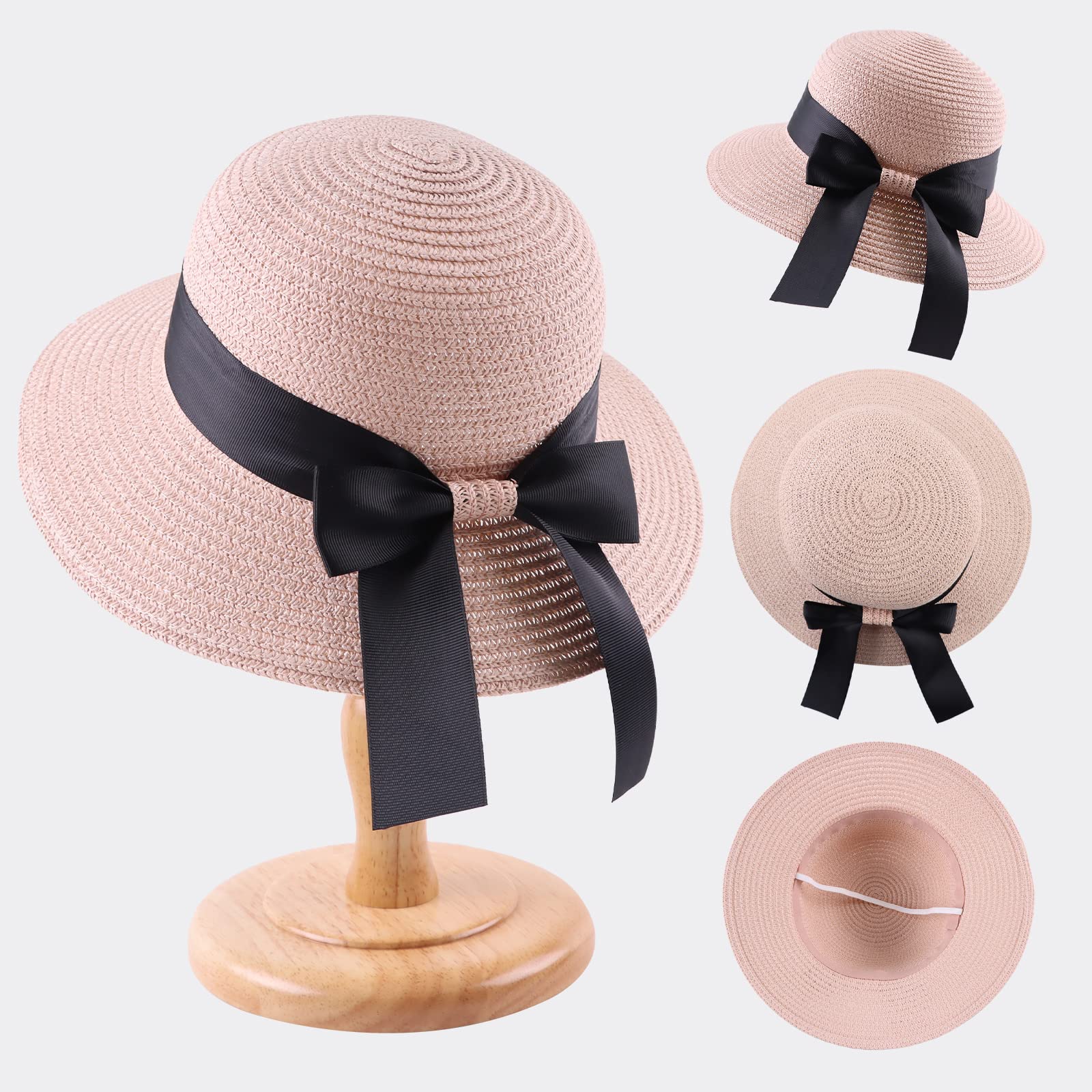 Zsedrut Women's & Girls' Straw Sun Hat - Wide Brim Summer Beach Hat with Bow, Foldable Floppy Visor for Outdoor, Travel & Vacation