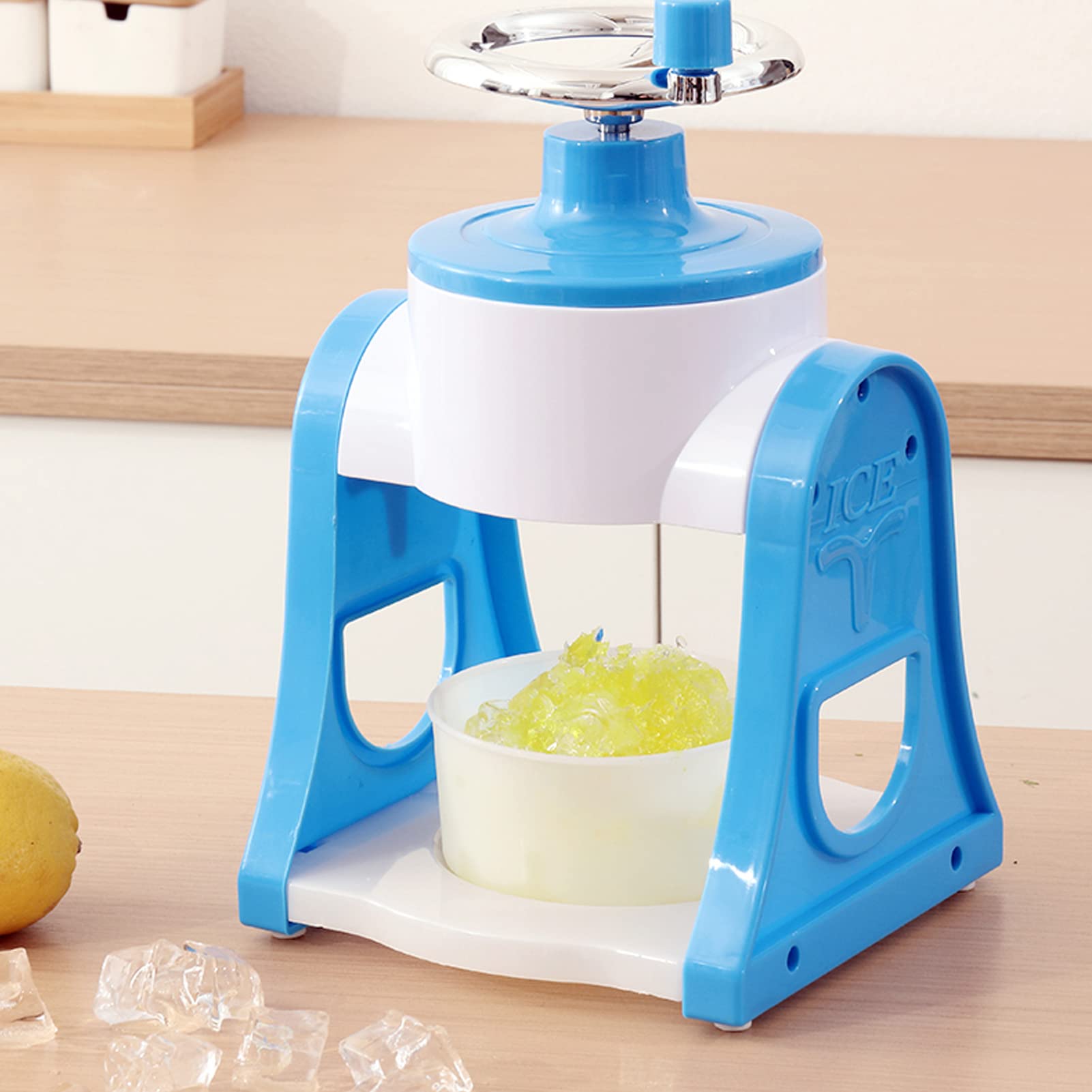 Portable Hand Crank Snow Cone Maker - Mini Ice Shaver & Crusher Machine for Home, Restaurants, Cafes - Perfect for Summer Parties, Kids Treats & Food Stalls (Blue)