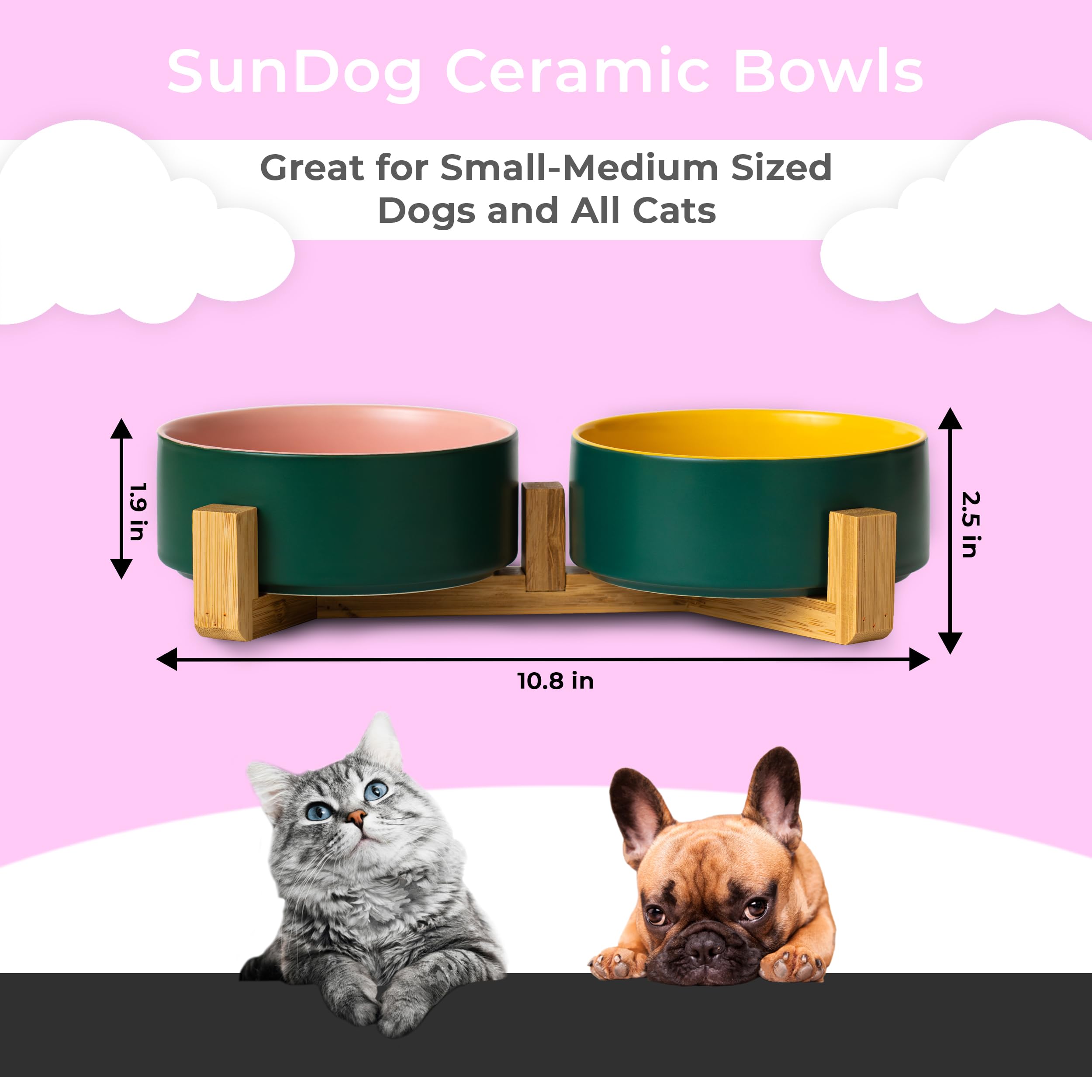 Elevated Ceramic Dog & Cat Bowls Set with Wooden Stand - Non-Slip Raised Feeder for Small Pets - 13.5oz Ergonomic Food & Water Bowls - Durable & Stylish Pet Dining Solution for Home, Kitchen or Outdoor Use