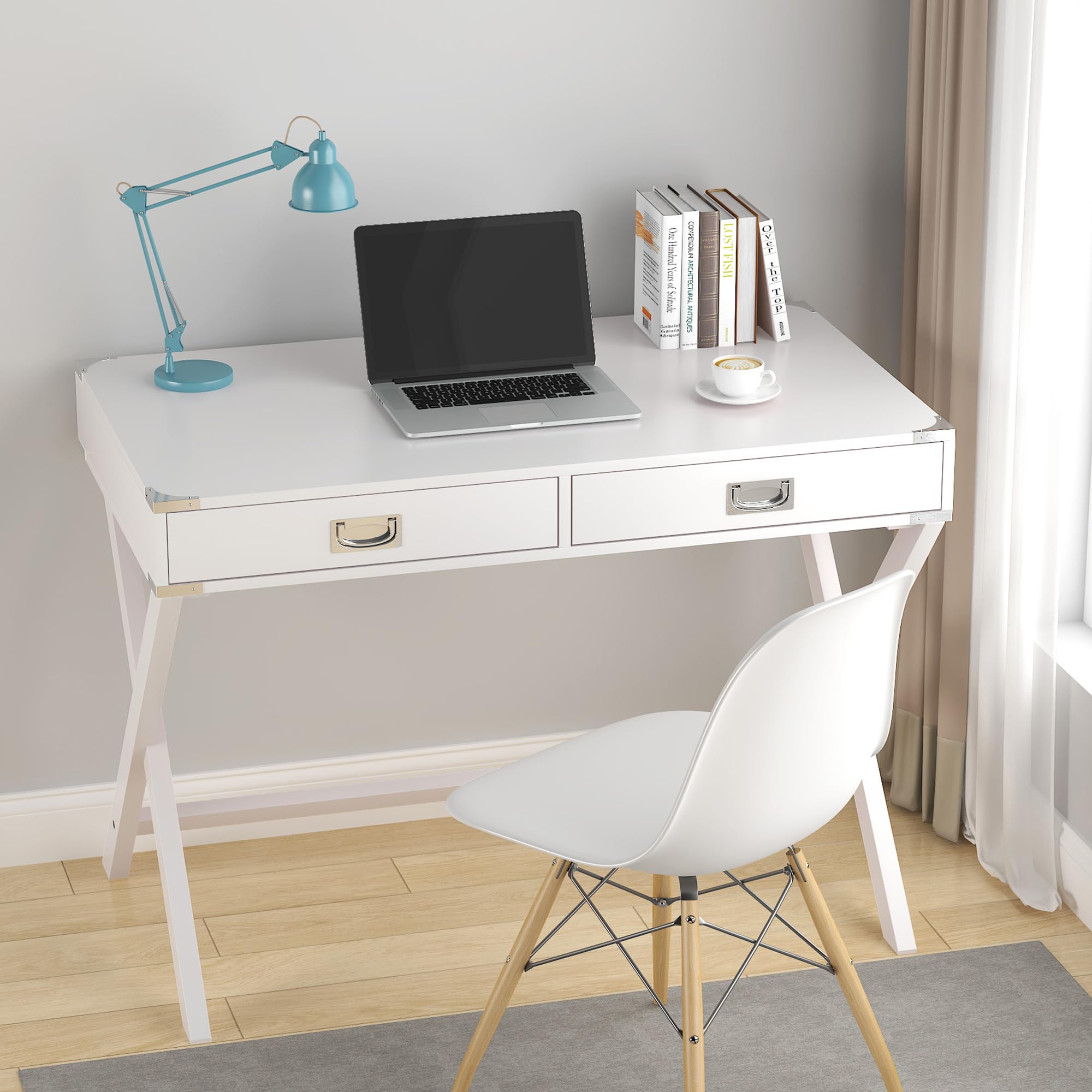 Solid Wood Computer Desk with Storage Drawers - Modern Home Office Study Table, White | Perfect for Small Spaces, Work from Home & Remote Learning