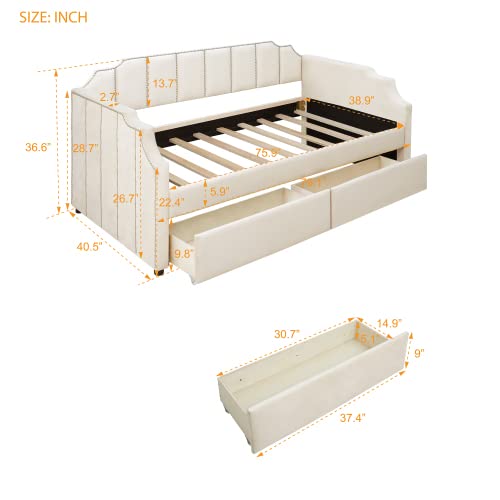 Twin Size Upholstered Daybed with Storage Drawers & Wood Slat Support - Beige Modern Sofa Bed for Guest Room, Dorm, or Small Space Living