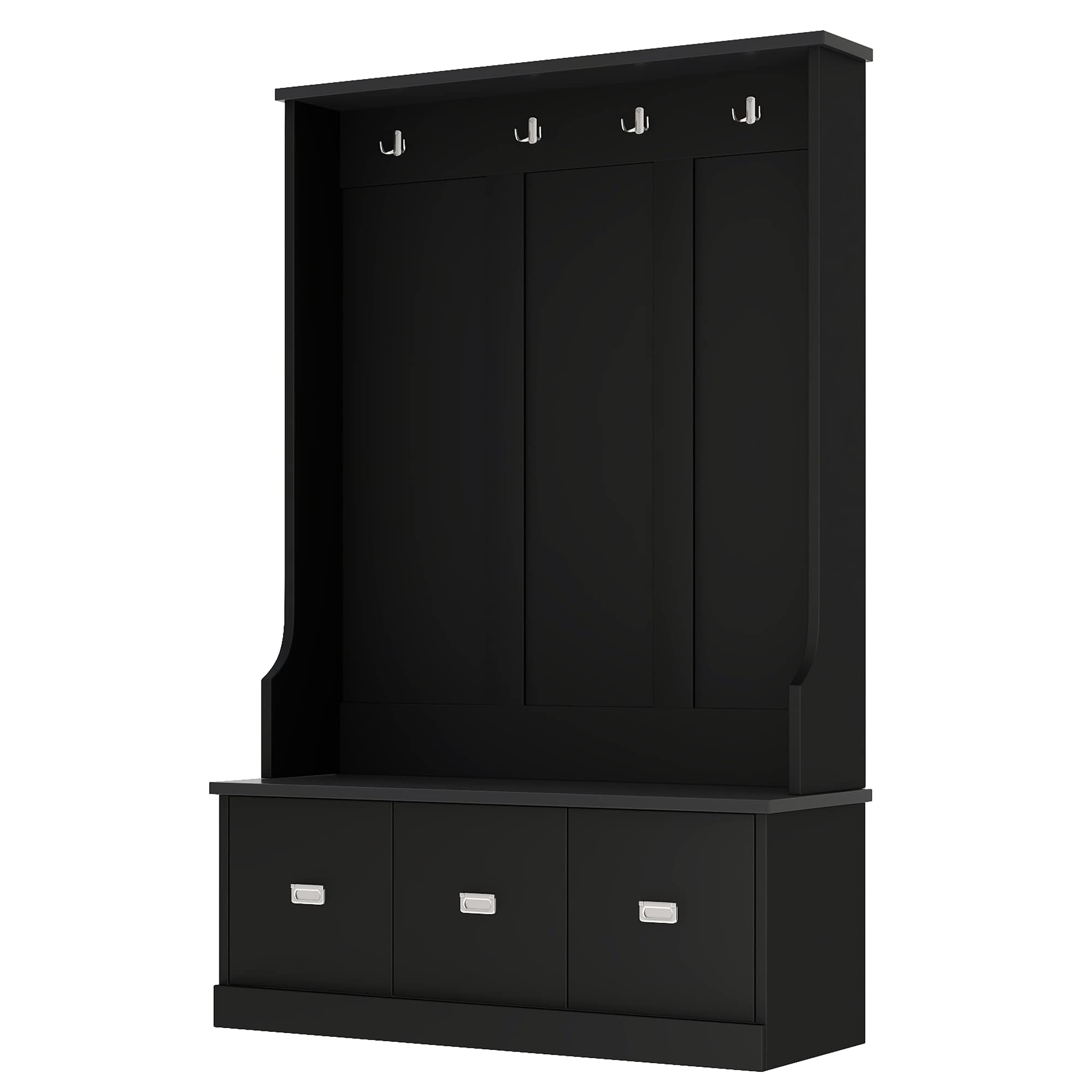 Yoluckea 3-in-1 Hall Tree with 4 Hooks & 3 Large Drawers - Entryway Storage Bench, Coat Rack & Shoe Bench for Hallway, Foyer or Mudroom Organization (Black) - Perfect for Small Spaces & Home Entry Storage Solutions