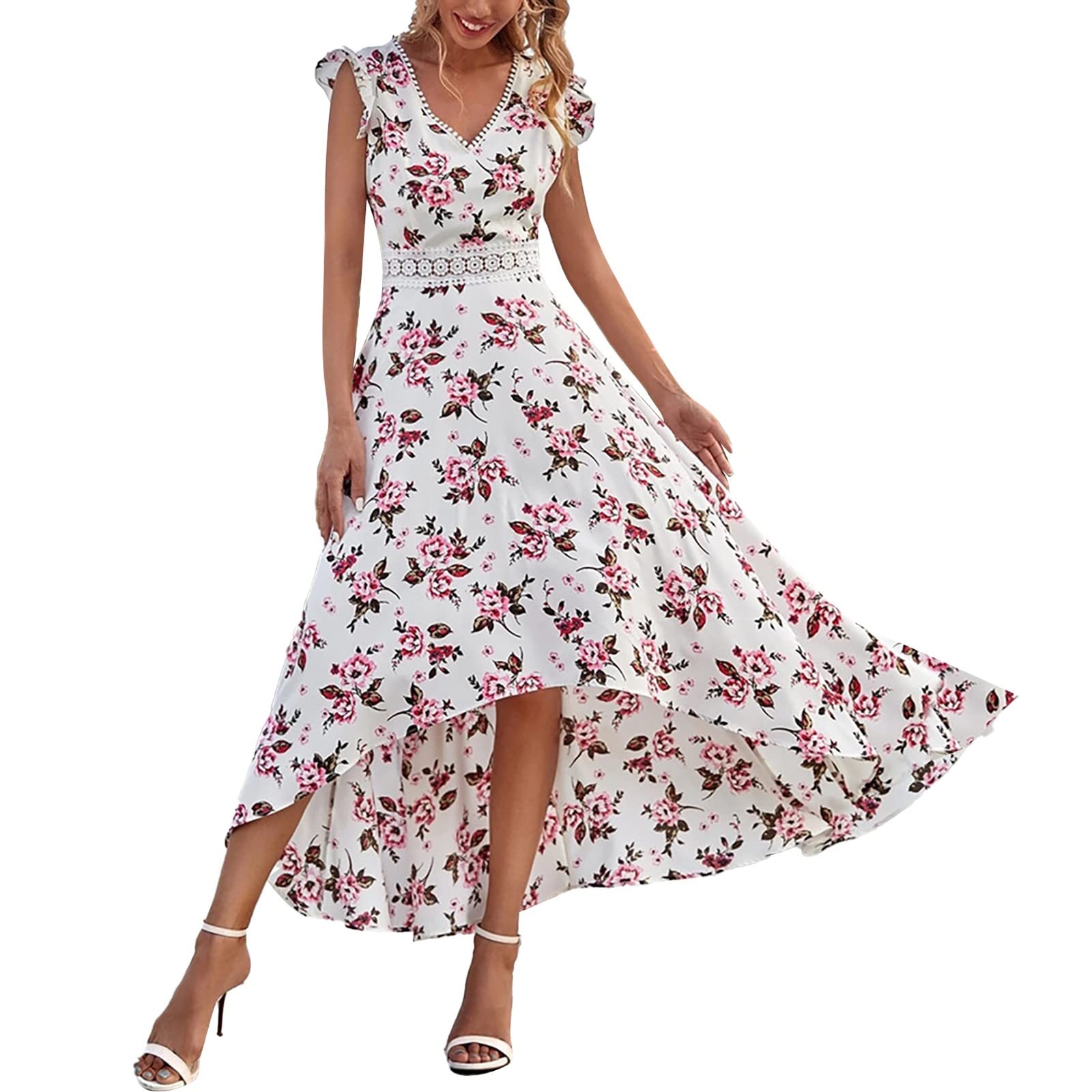 Women's Summer Halter Dress - V Neck Sleeveless Floral Print Lace Hollow Out Beach Dress for Vacation, Party & Date Night | Perfect for Beach Getaways, Cocktail Parties and Romantic Evenings
