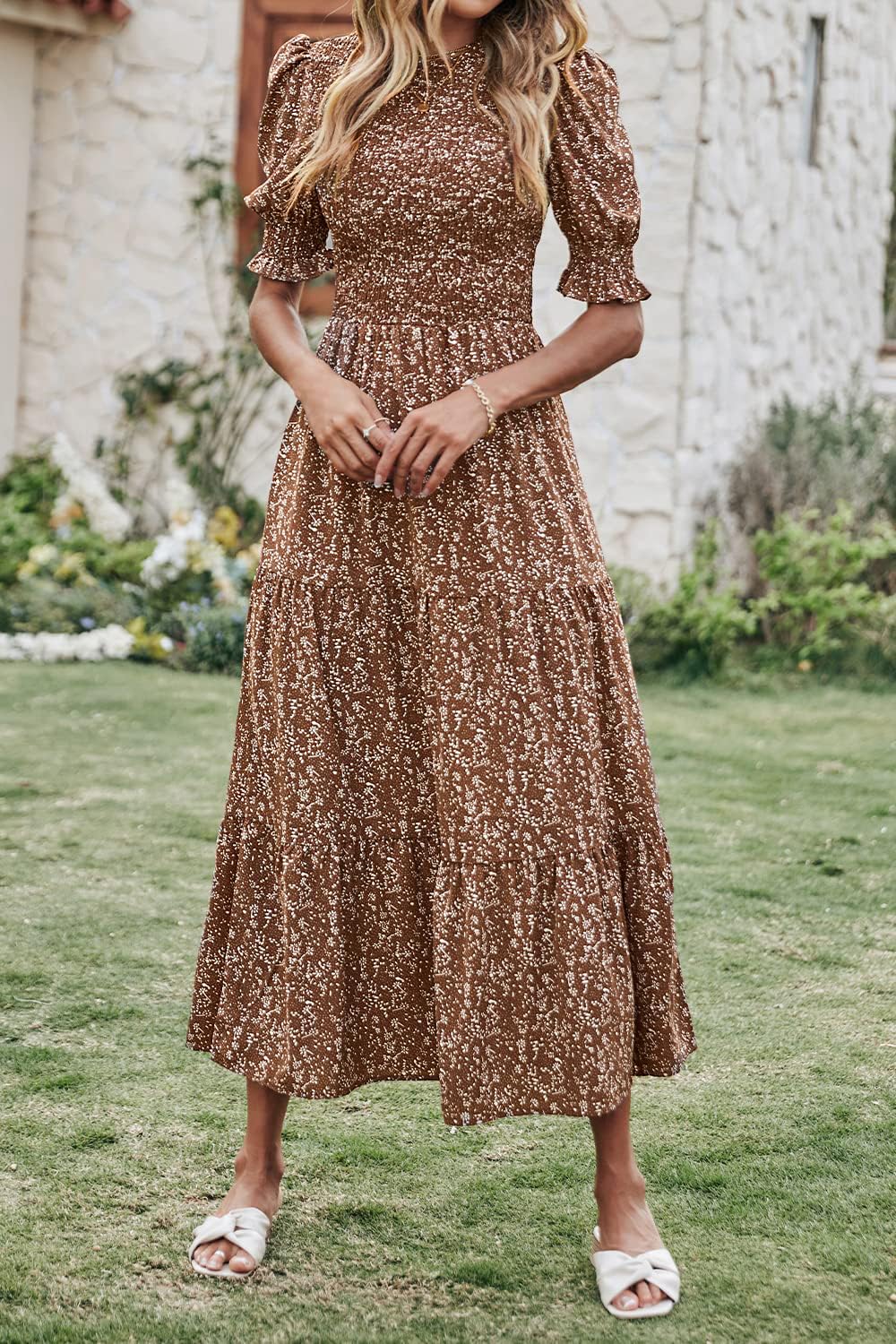 BTFBM Women's Casual Summer Floral Print Maxi Dress - Crew Neck, Ruffle Short Sleeve, Smocked Waist, Boho Style for Spring/Summer 2025 | Perfect for Beach Vacations, Date Nights & Outdoor Parties