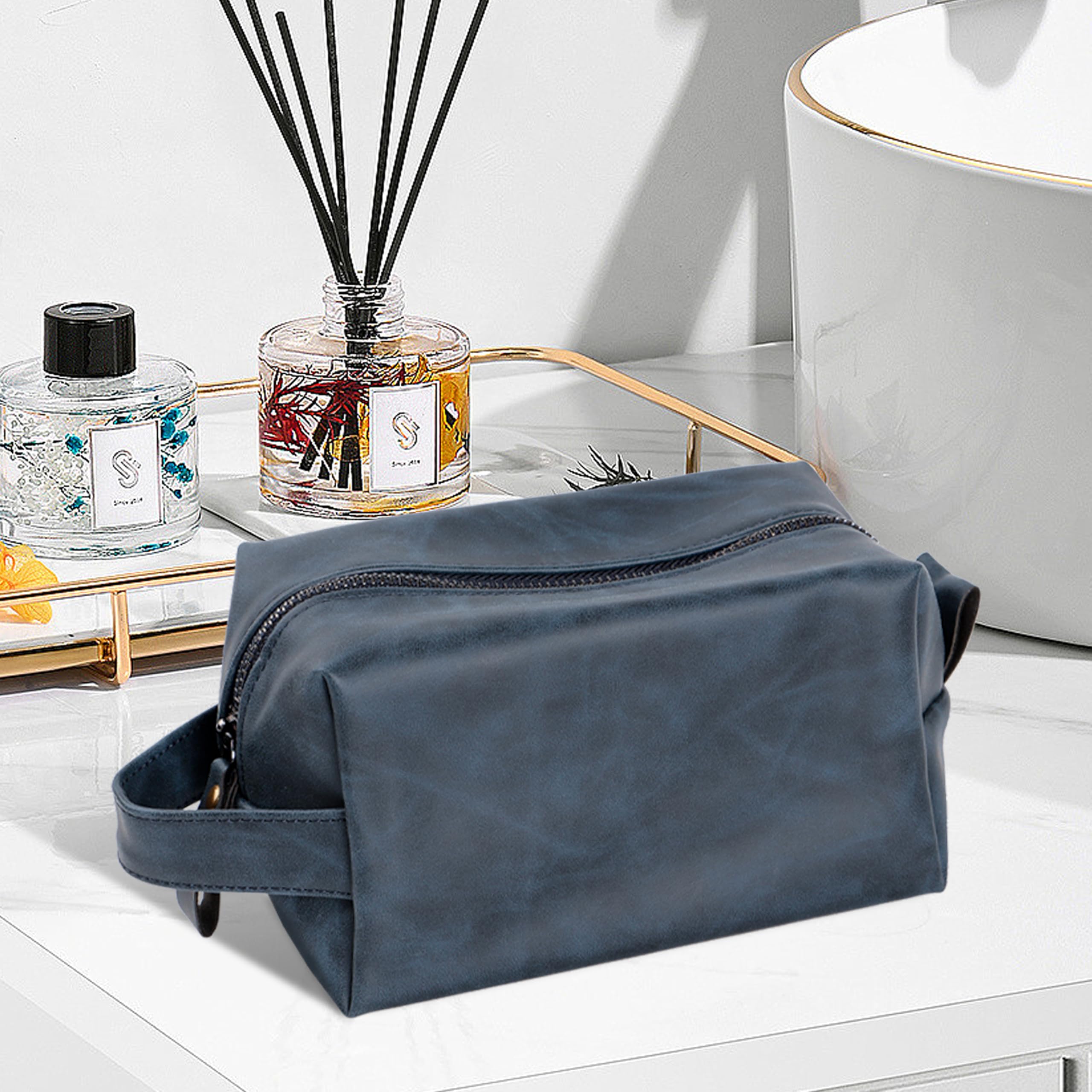 Premium Men's Leather Toiletry Bag - Travel Shaving Kit Organizer for Husband, Dad & Boyfriend | Anniversary, Birthday & Christmas Gift (Blue/Brown) | Ideal for Business Trips, Vacations & Gym Essentials
