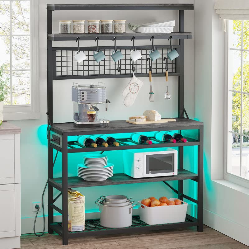 6-Tier Itaar Bakers Rack with Power Outlet & LED Lights - Kitchen Coffee Bar, Microwave Stand with Wine Rack & 10 Hooks - Grey Storage Shelving for Small Spaces, Apartments & Coffee Stations