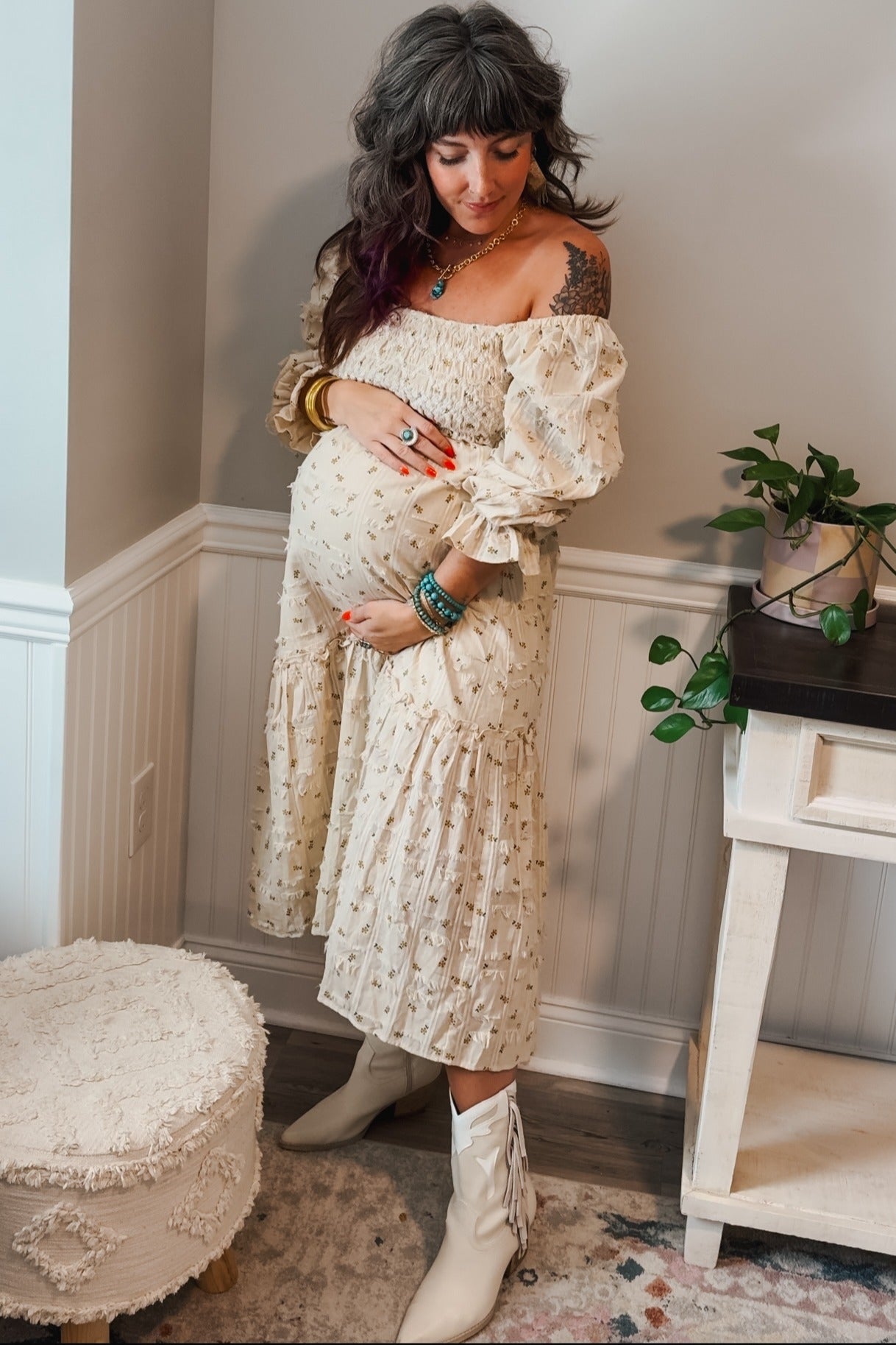 Beige Floral Print Square Neck Smocked Maternity Dress with Fringe Detail - Perfect for Baby Showers, Maternity Photos & Summer Outfits